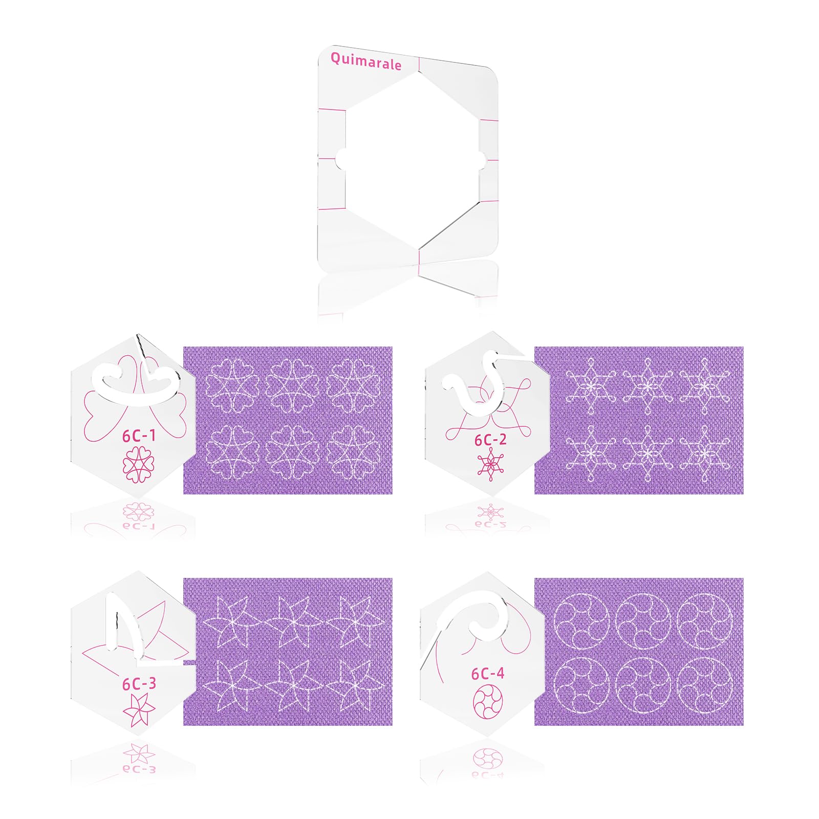 4 plantillas de acolchado de movimiento libre con 1 marco de acolchado, regla hexagonal acrílica y plantillas para máquina de acolchado de vástago bajo con instrucciones (diseño 6C)
