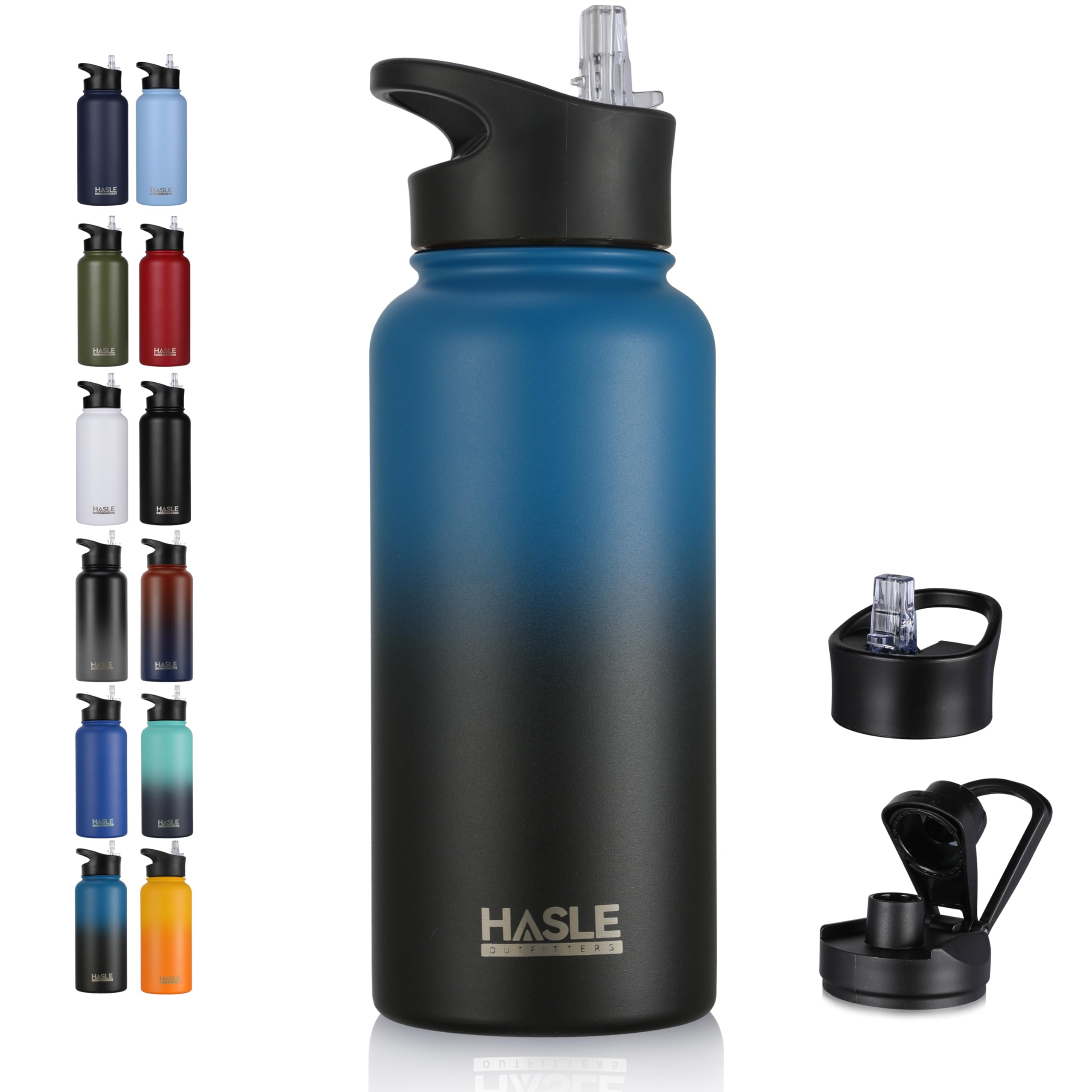 HASLE OUTFITTERS 32 oz Insulated Water Bottle Stainless Steel Double Walled Vacuum Sports Water Bottle with 2 Lids (Straw and Spout Lid) for Gym