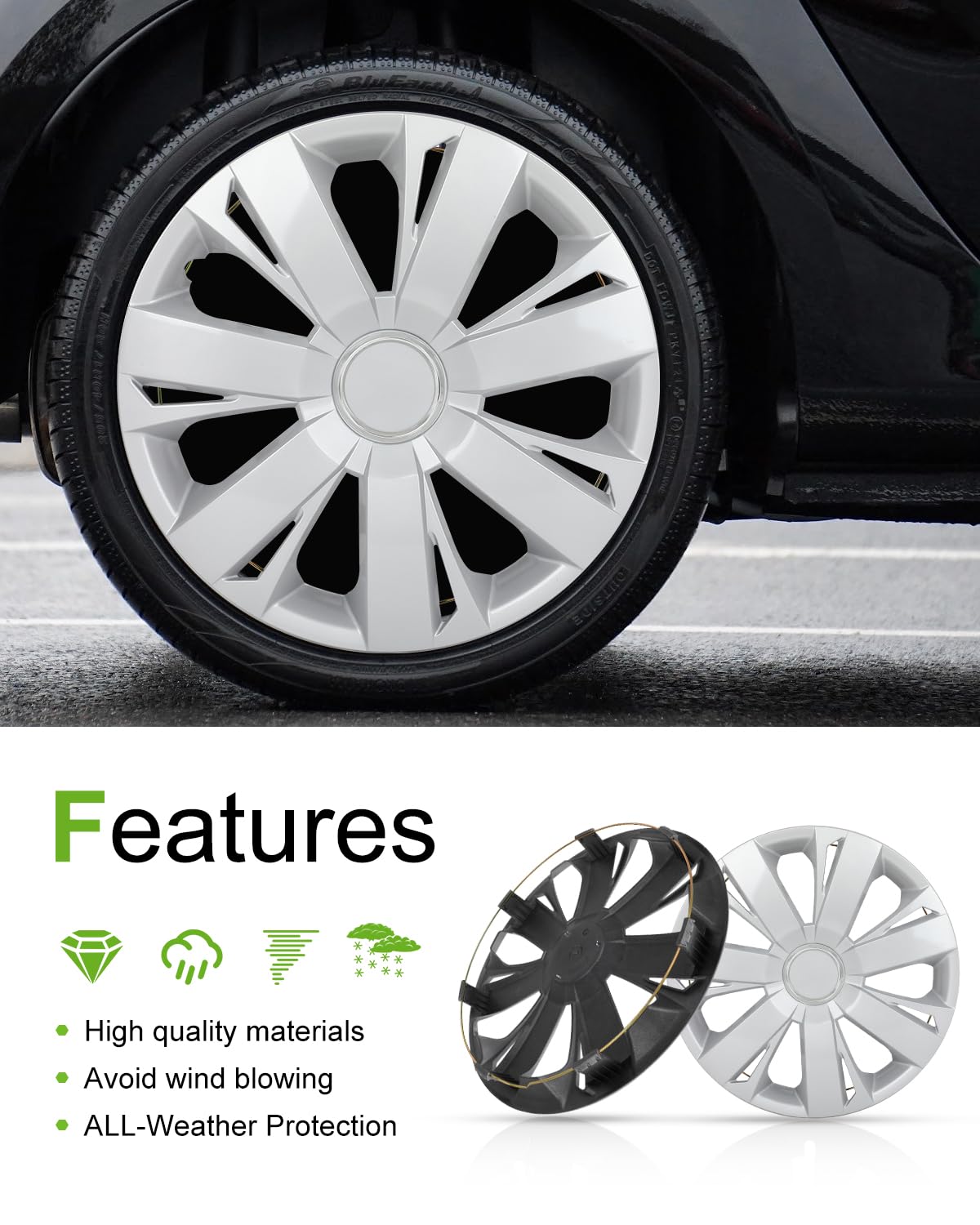 SCITOO Premium 16 Inch Hubcaps Set of 4 Wheel Rim Cover OEM Style Easy Snap On Car Truck SUV Hub Cap Replacement for Mazda,for Dodge,for Ford,for Honda,for Kia,for Mitsubishi,for Hyundai,etc.