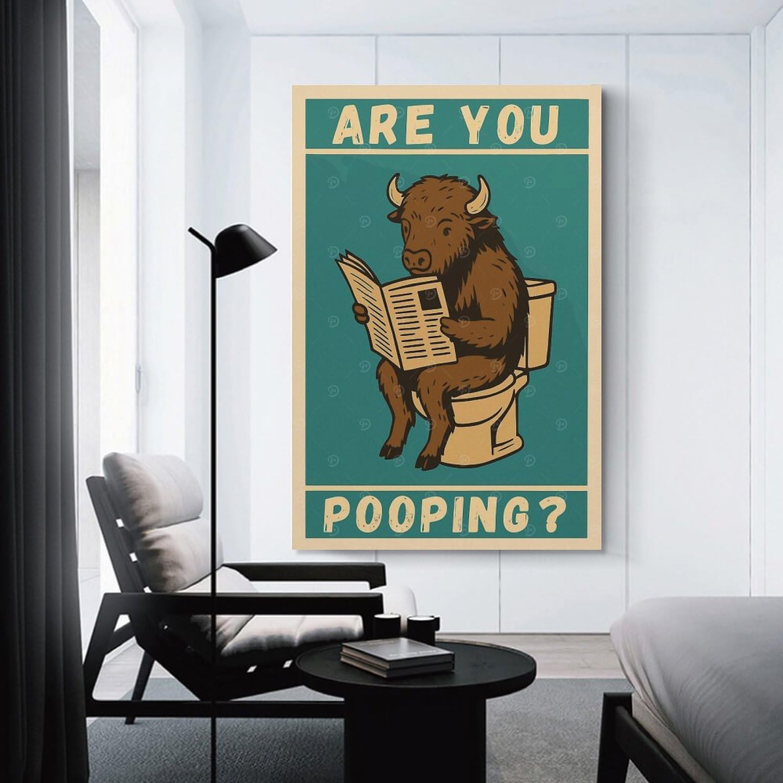 Junmoney Bison on Toilet Reading Newspaper Room Decor Wall Art, 24x36inch(60x90cm), for Front Hall, Corridor Or Welcome Spaces, A Neat Decor Update for Hallways