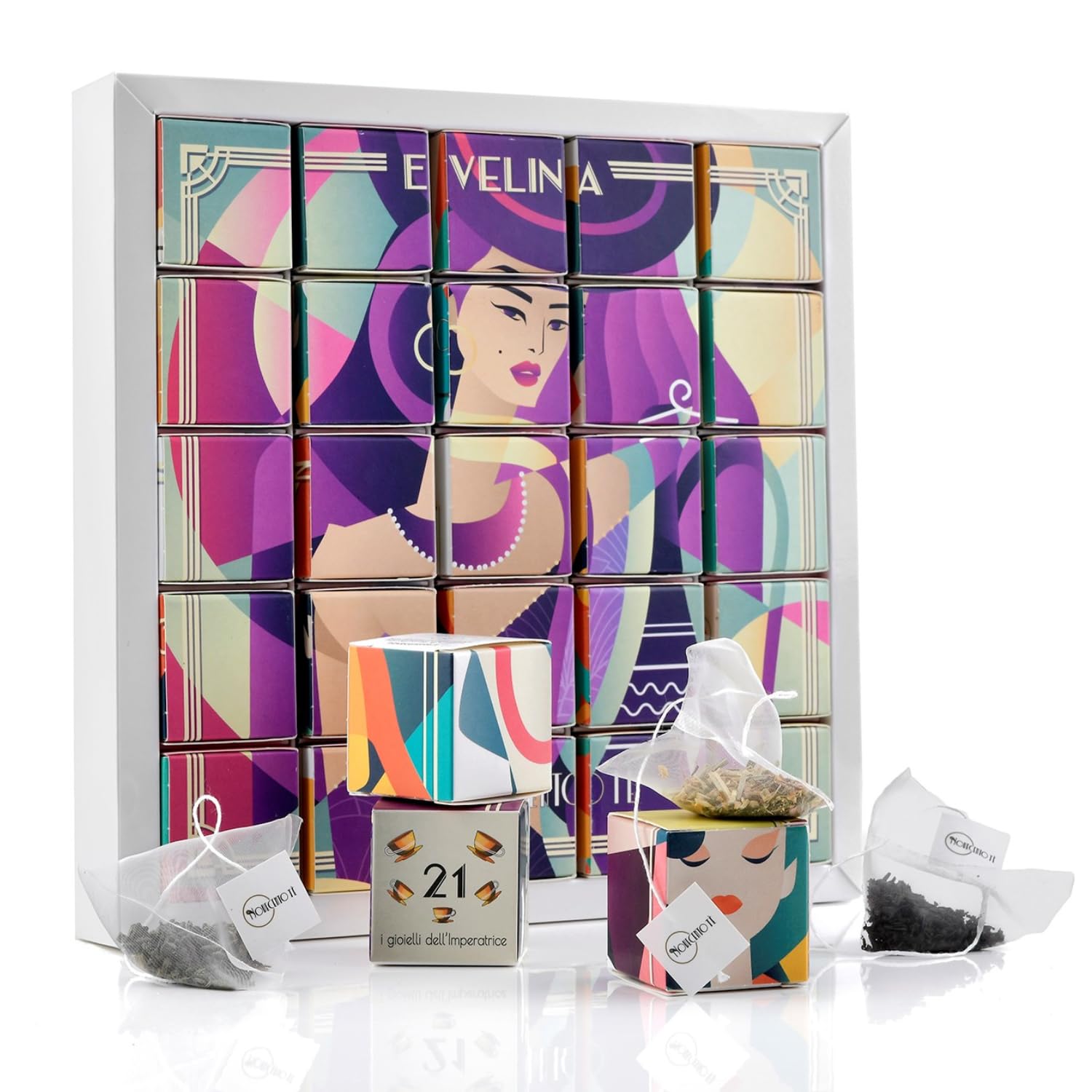 Novecento Tè Evelina - Confezione regalo per tisane, tisane assortite, 4 gusti: tè nero, tè oolong, tè verde, infuso di citronella, 25 infusi per infusione, confezione regalo per tè