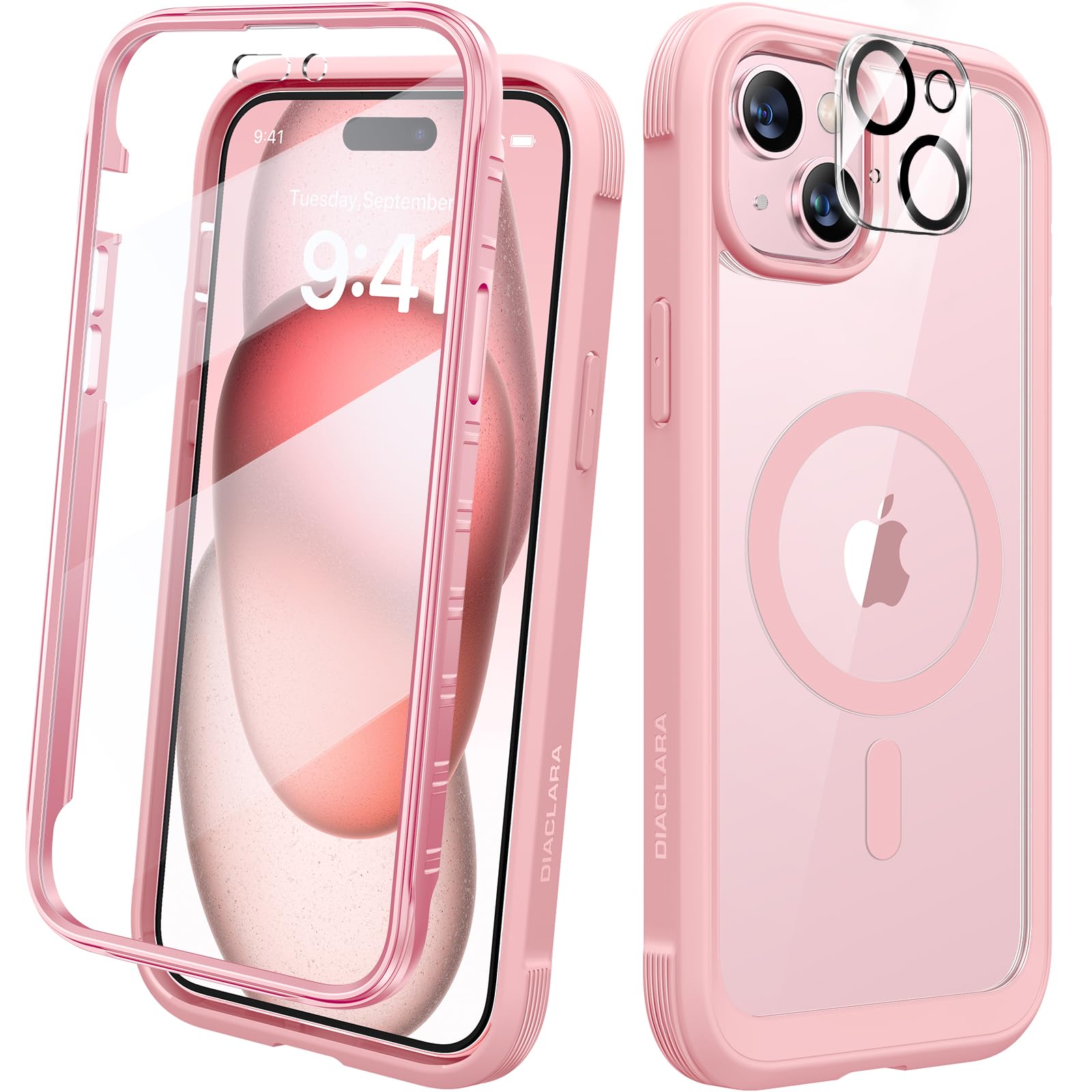Diaclara Magnetic Designed for iPhone 15 Case, Compatible with MagSafe Built-in Touch Sensitive Anti-Scratch Screen Protector, with Camera Lens Protector for iPhone 15 6.1" (Fantasy Pink)