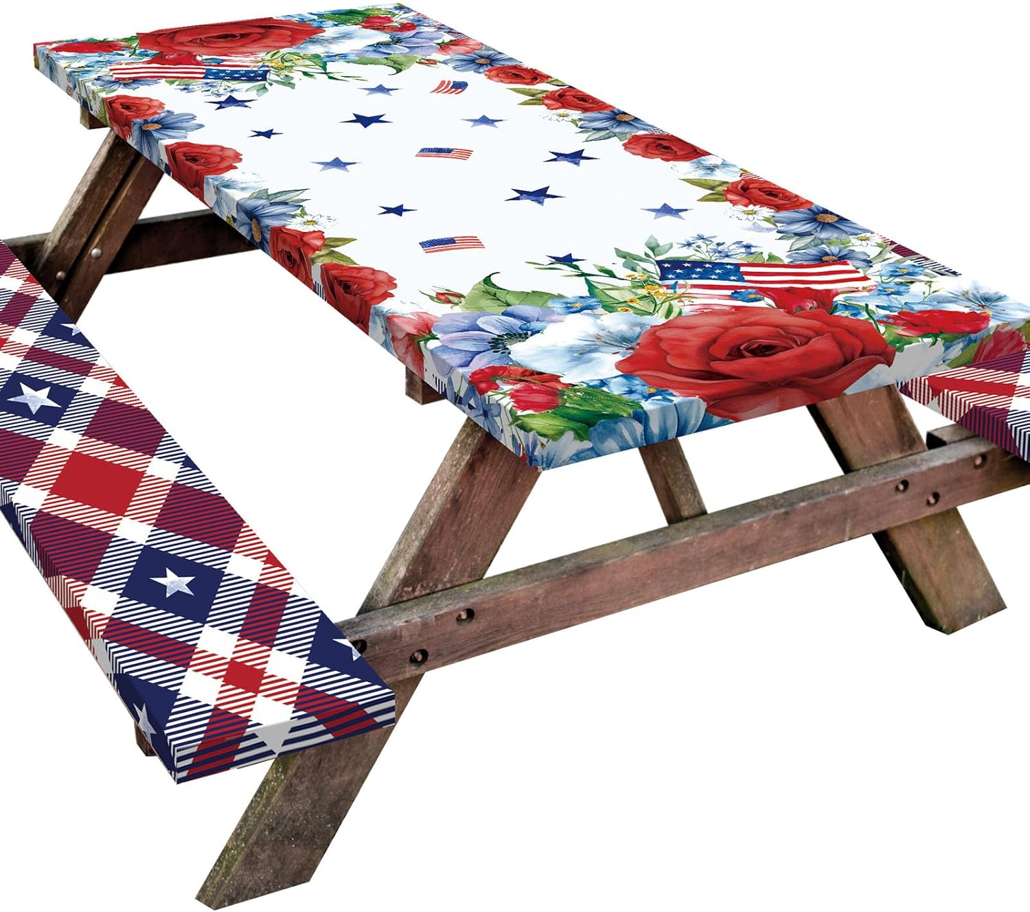 Cinrobiye American Flag Picnic Table Cover with Bench Covers Set 4th of July Decorations Patriotic Windproof Waterproof Camping Rectangle Fitted Picnic Tablecloths for Memorial Day Outdoor,72" x 30"