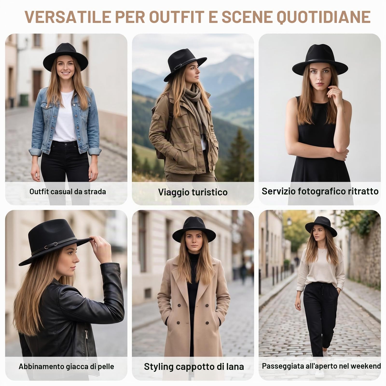 Ericotry Cappello Fedora con tesa larga – Classico cappello in feltro nero con fibbia per cintura, Trilby, Panama, stile derby, Nero , m