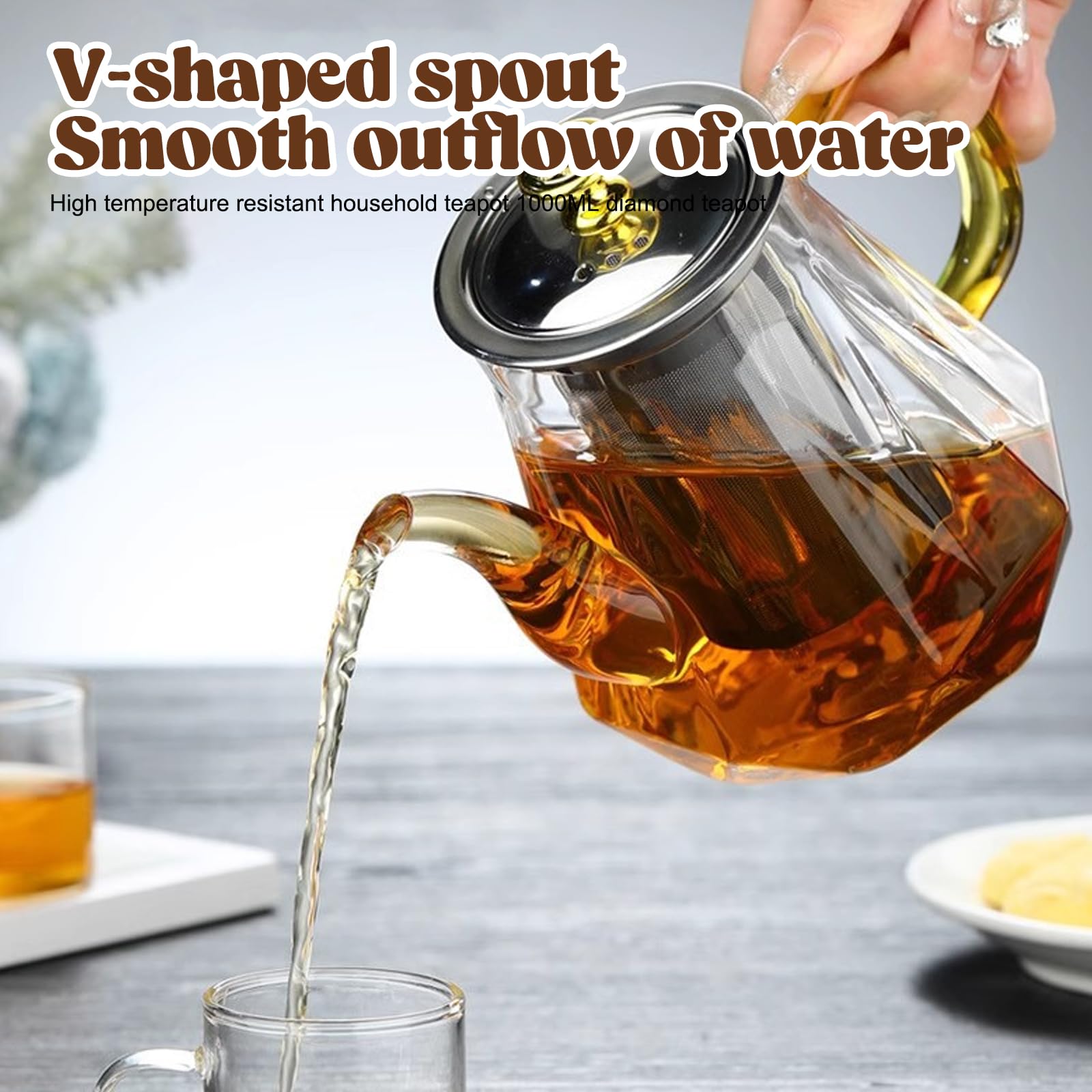 Teiera in vetro con colino, teiera in vetro, 1000 ml, teiera con filtro in vetro, resistente al calore, senza gocciolamento, per tè nero, tè verde, tè alla frutta profumata