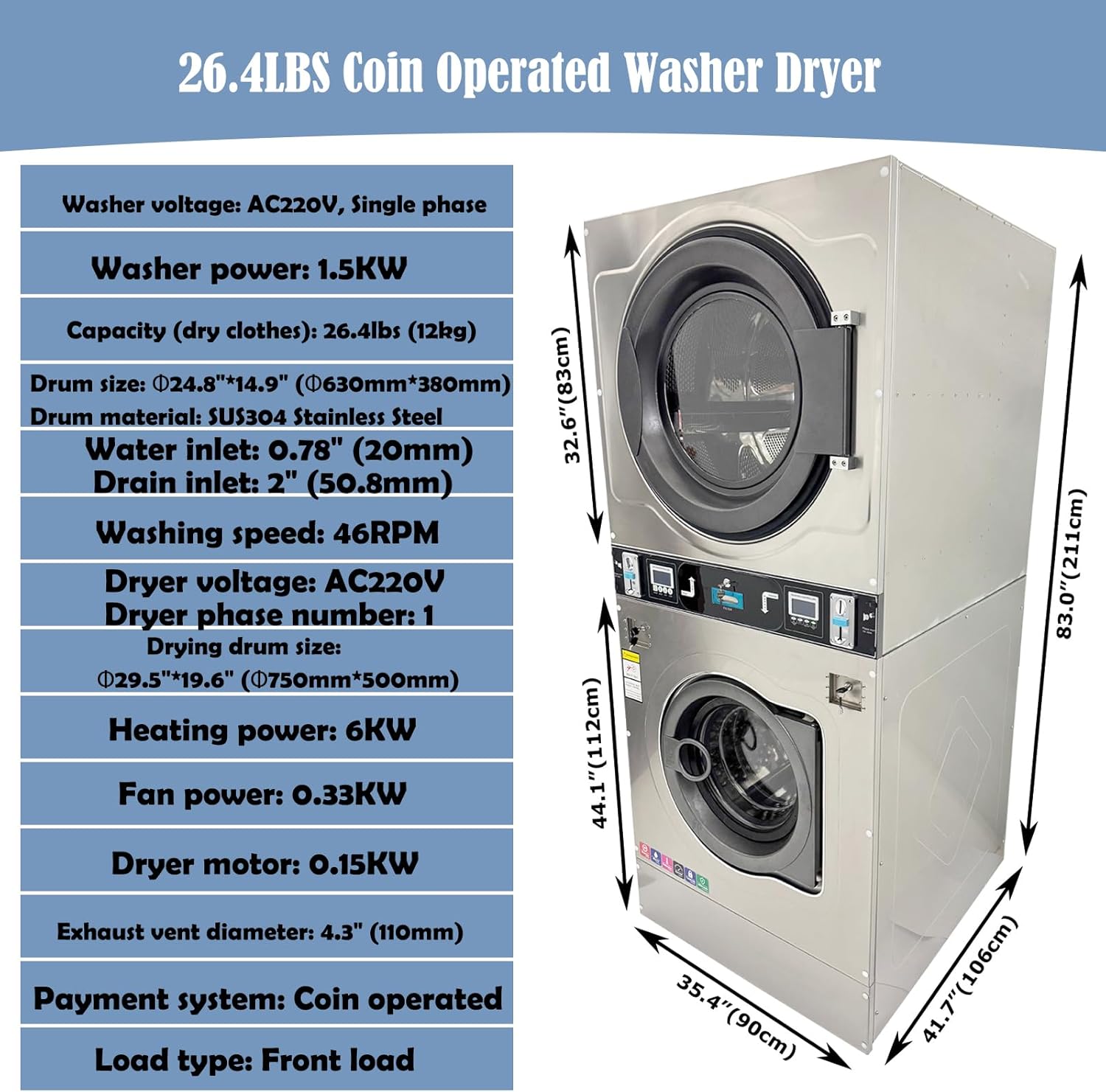 Commercial Coin Operated Washer Dryer 26.4LBS Coin Type Compact Laundry Washing Drying Combo Machine for Hotel, Laundromat 220V 1PH