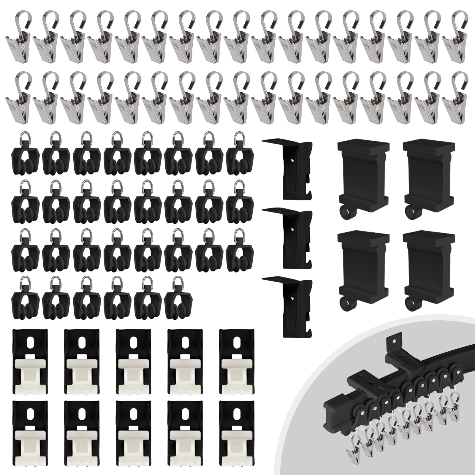 EFUTURETIME 81 Piezas de Accesorios para Riel Cortinas, Rodillos de Riel de Cortina, Tapas de Extremo para Riel, Clips de Gancho para Cortinas, Soportes de Montaje para Rieles de Cortinas, Negro