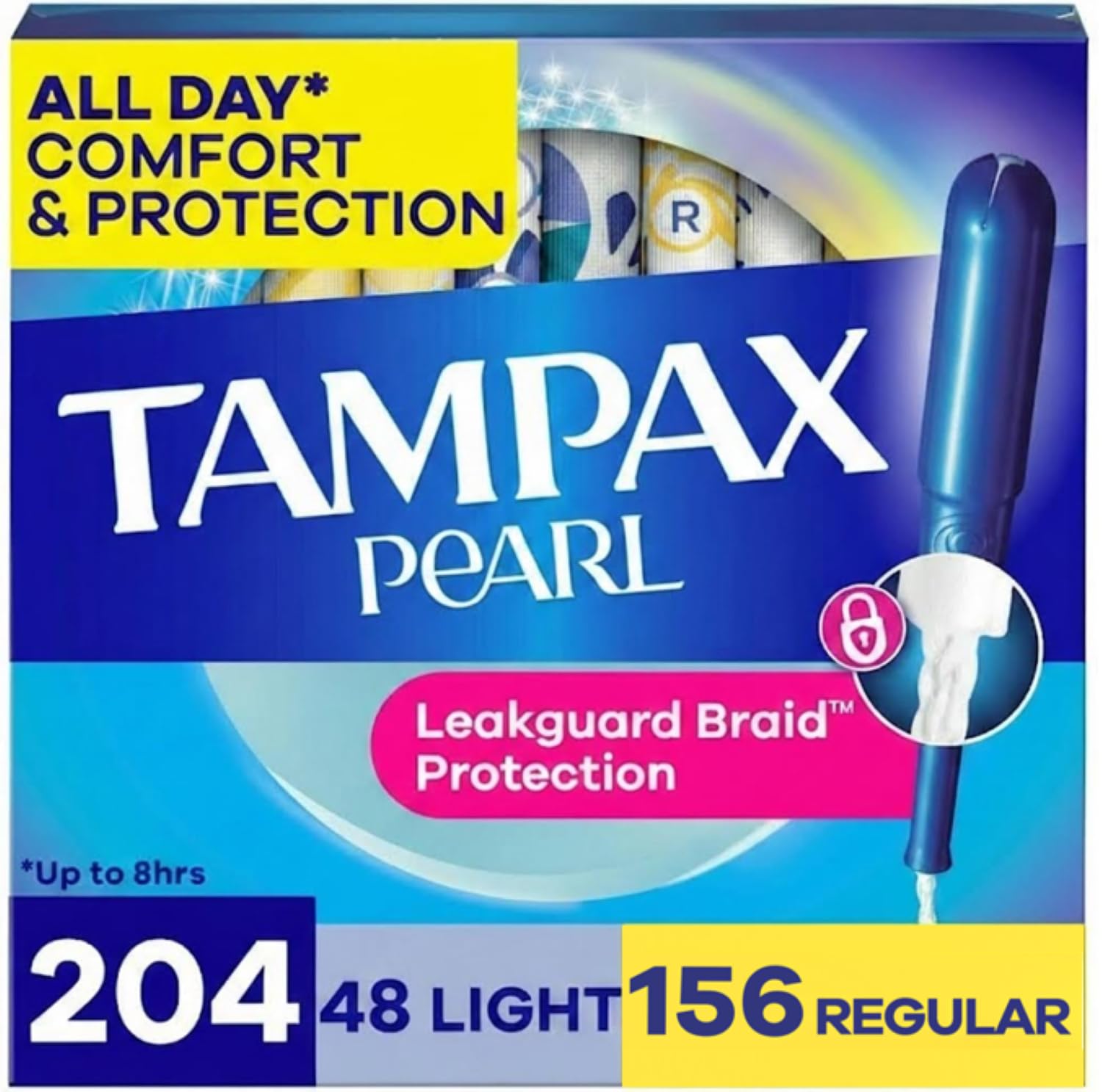 Tampax Pearl Tampons for Women Multipack, with LeakGuard Braid, Light/Regular Absorbency, Unscented, 204 Count (6 Packs of 34)