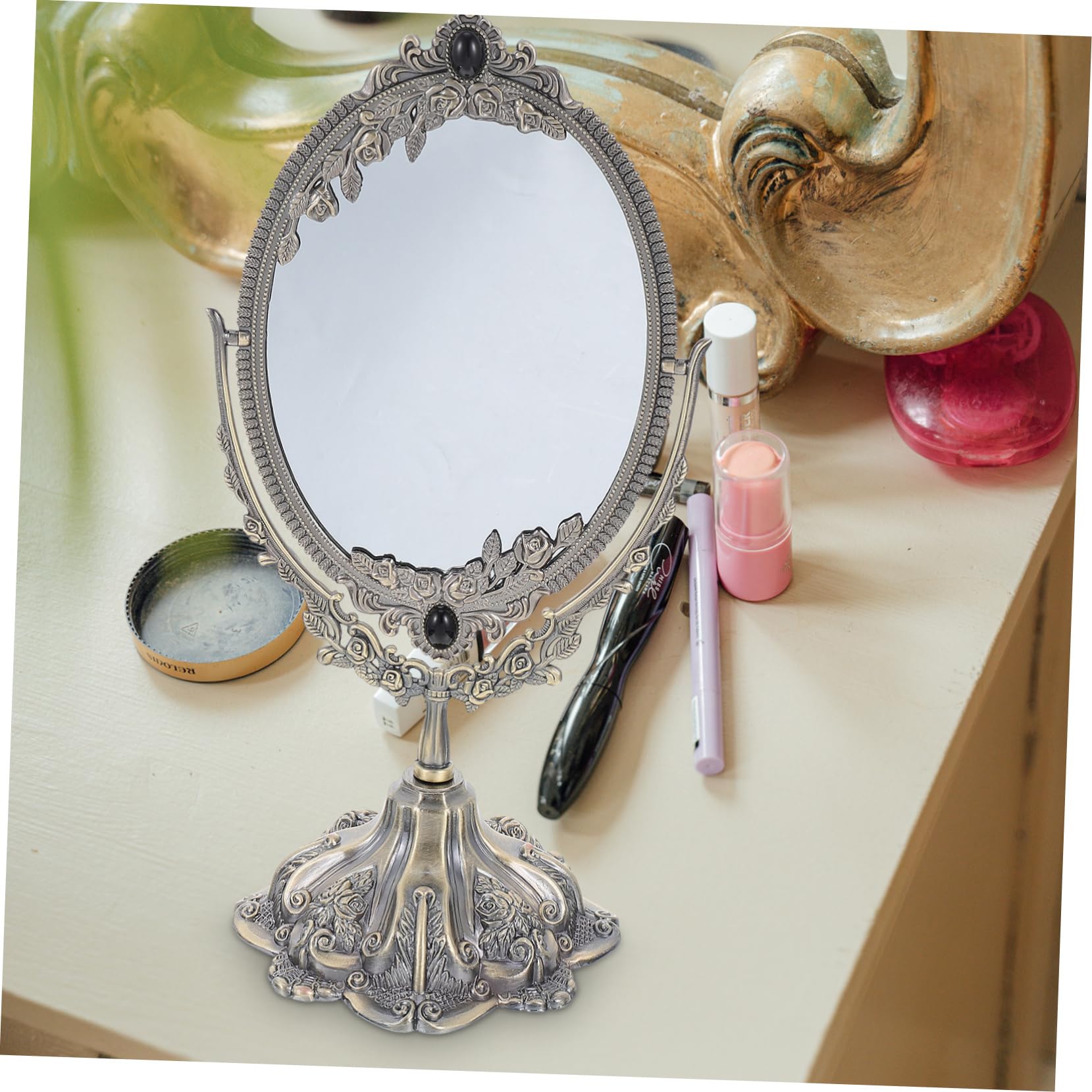 Baluue Doppelseitiger Tischspiegel aus Zinklegierung, Drehbar, Vintage | Make Up und Hochzeit, Flacher Standfuß für Stabile Platzierung, Europäischer Stil mit Hoher Definition