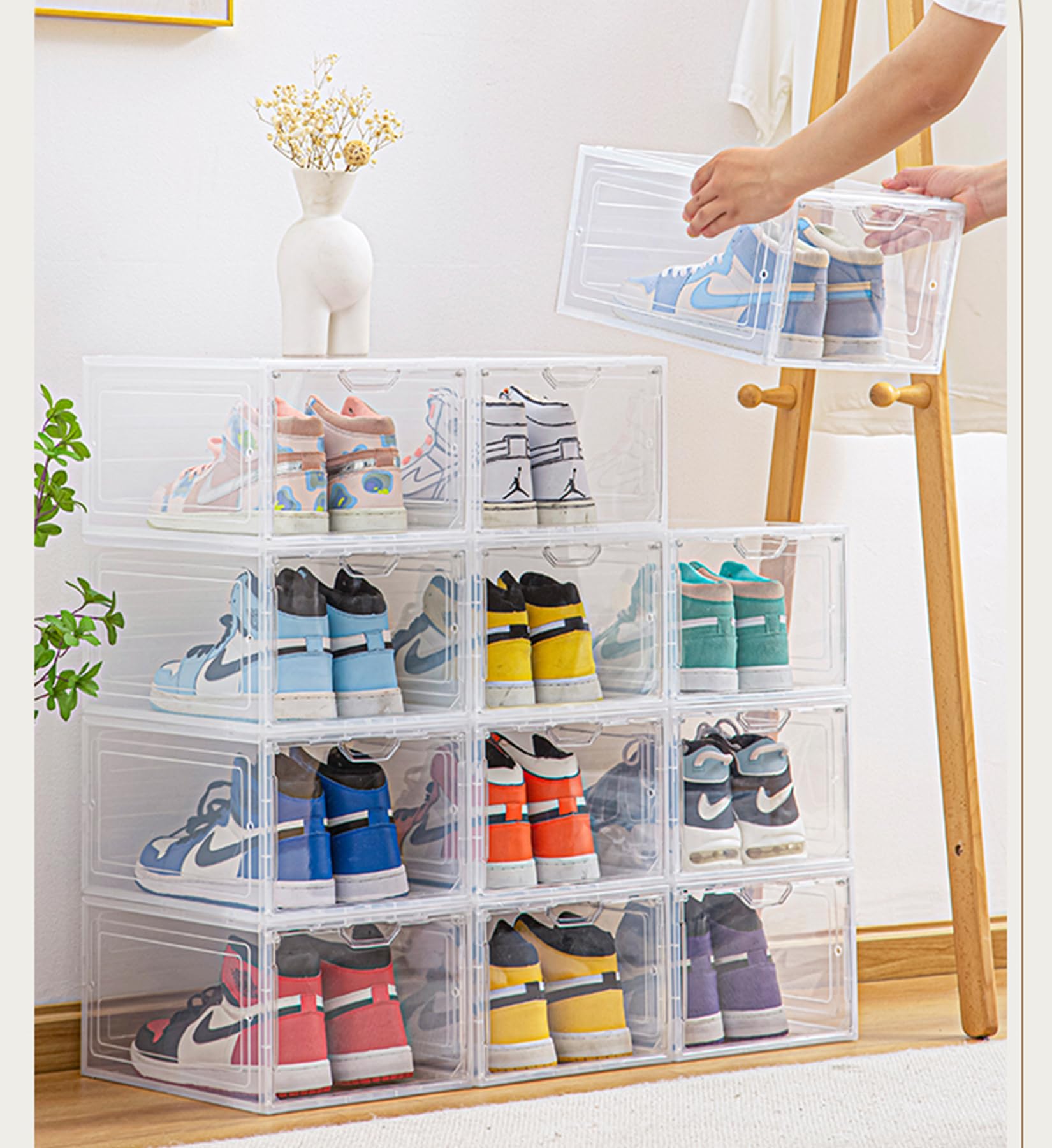 Schuhboxen Organizer-Schuhkartons durchsichtig,Transparent Schuhaufbewahrung für Sneakers und Turnschuhe,Kunststoffbox mit durchsichtiger Tür, 33.5 x25 x 8cm, für Schuhe bis Größe 46, Weiß (6Pcs)