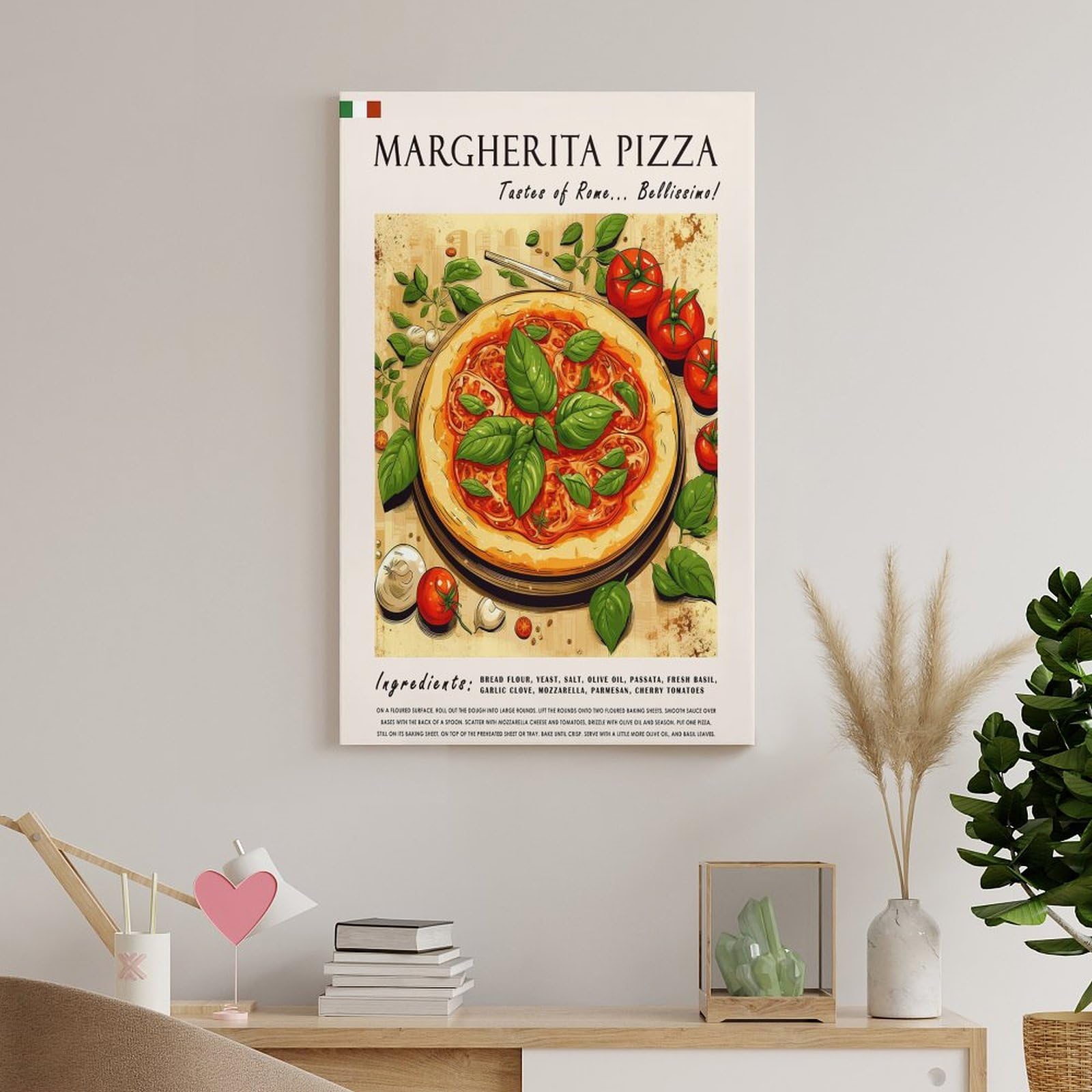 FUPMTKLT Italienisches Margherita-Pizza-Poster, Retro-Restaurant-Poster, italienische Küche, Esszimmer, Poster, 1 Leinwand-Poster, Schlafzimmerdekoration, Landschaft, Büro, Raumdekoration, Geschenk,