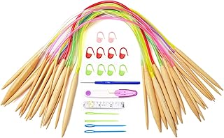輪針 40cm 編み針 18本セット 18サイズ 2 mm-10 mm 棒針 ミニ輪針 竹製 編み棒 手あみ針 手芸道具 編み物用 編み道具付き段数マーカー とじ針 レス針 ハサミ付き