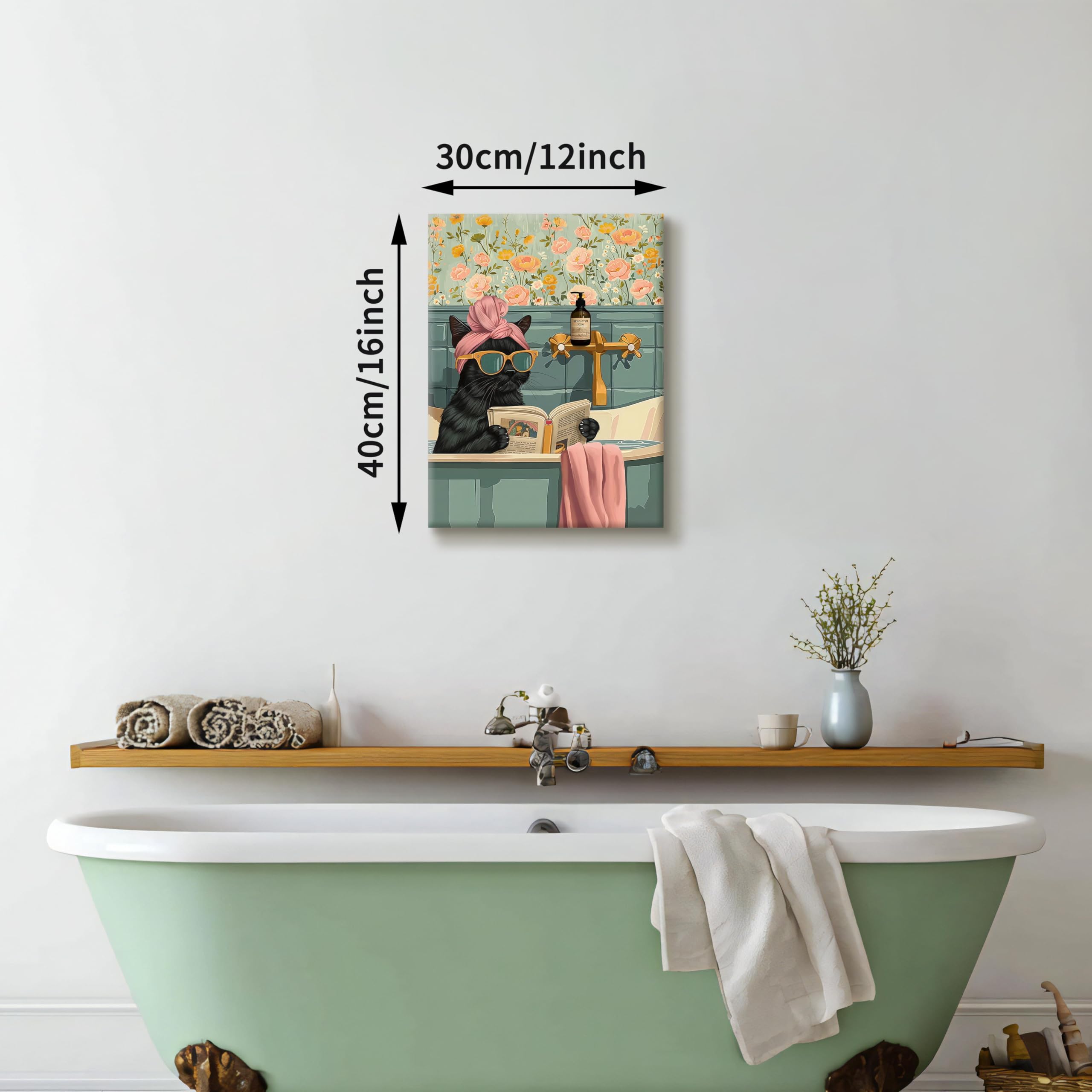FajerminArt Śmieszne wydruki ścienne do łazienki czarny kot lekki w wannie nowoczesne obrazy humor zwierzę krajobraz obraz na płótnie obraz plakat wystrój łazienki sypialnia 30 x 40 cm