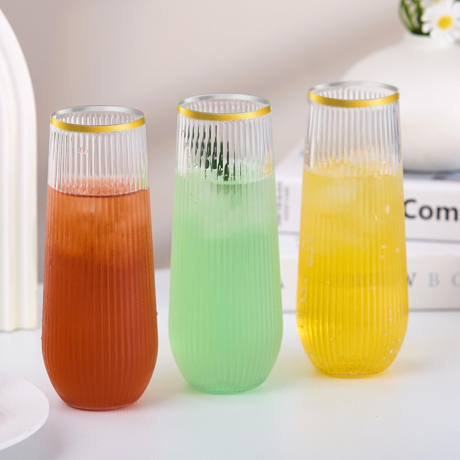 Paquete de 48 copas de champán desechables de plástico transparente de 9 onzas, copas de champán de plástico transparente con borde dorado, irrompibles para fiestas, bodas, cumpleaños
