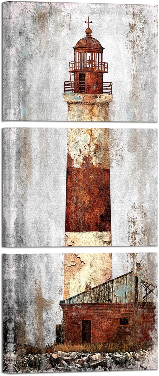 Kalormore Retro Old Lighthouse Canvas Wall Art Rustic Coastal Seascape Picture Prints for Home Wall Decoration Artwork (A-Retro Red)