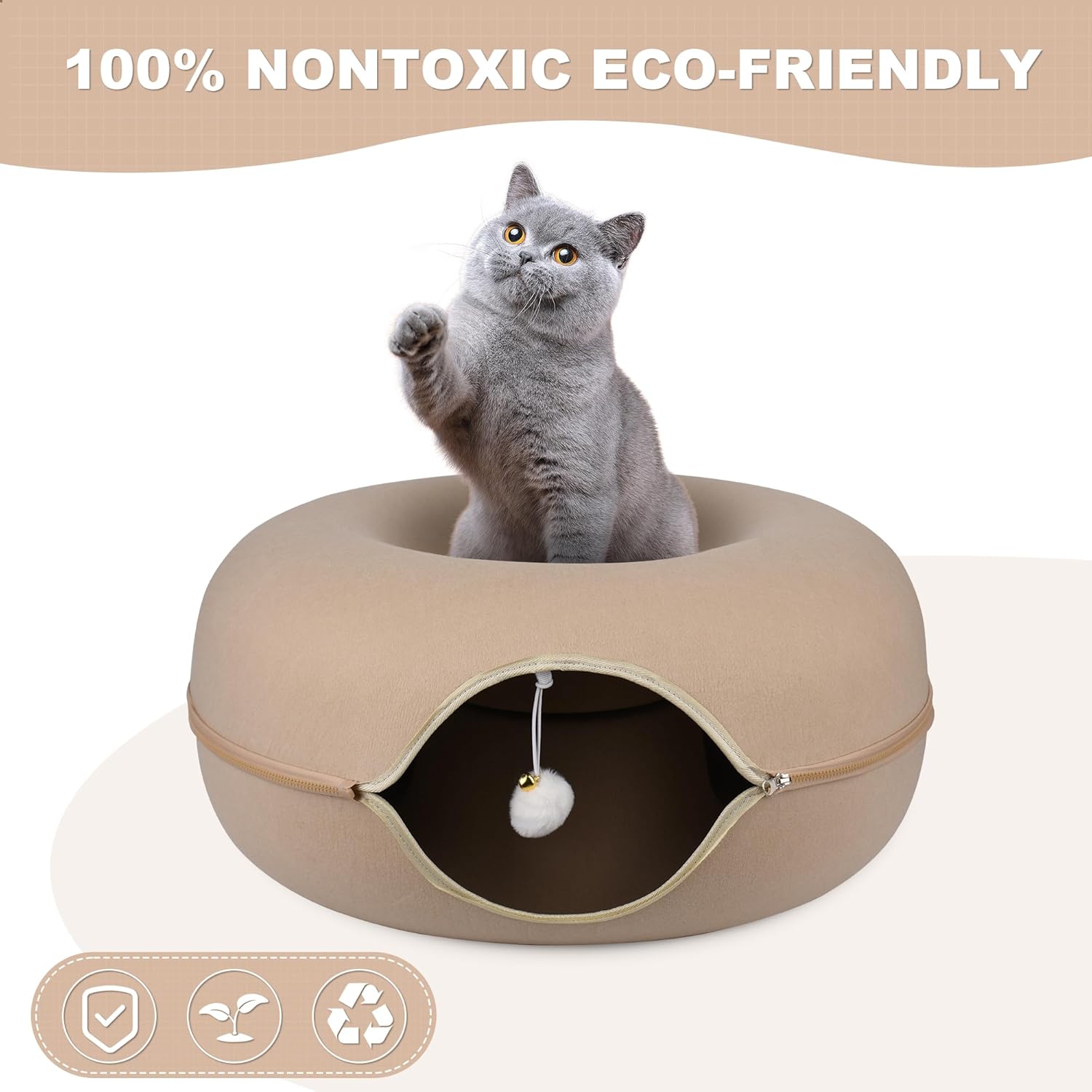 Peekaboo Cat Cave,Cat Tunnel Bed for Indoor Cats,Cat Donut Tunnel for Pet Cat House,Detachable Round Cat Felt & Washable Interior Cat Play Tunnel (Large, Beige)