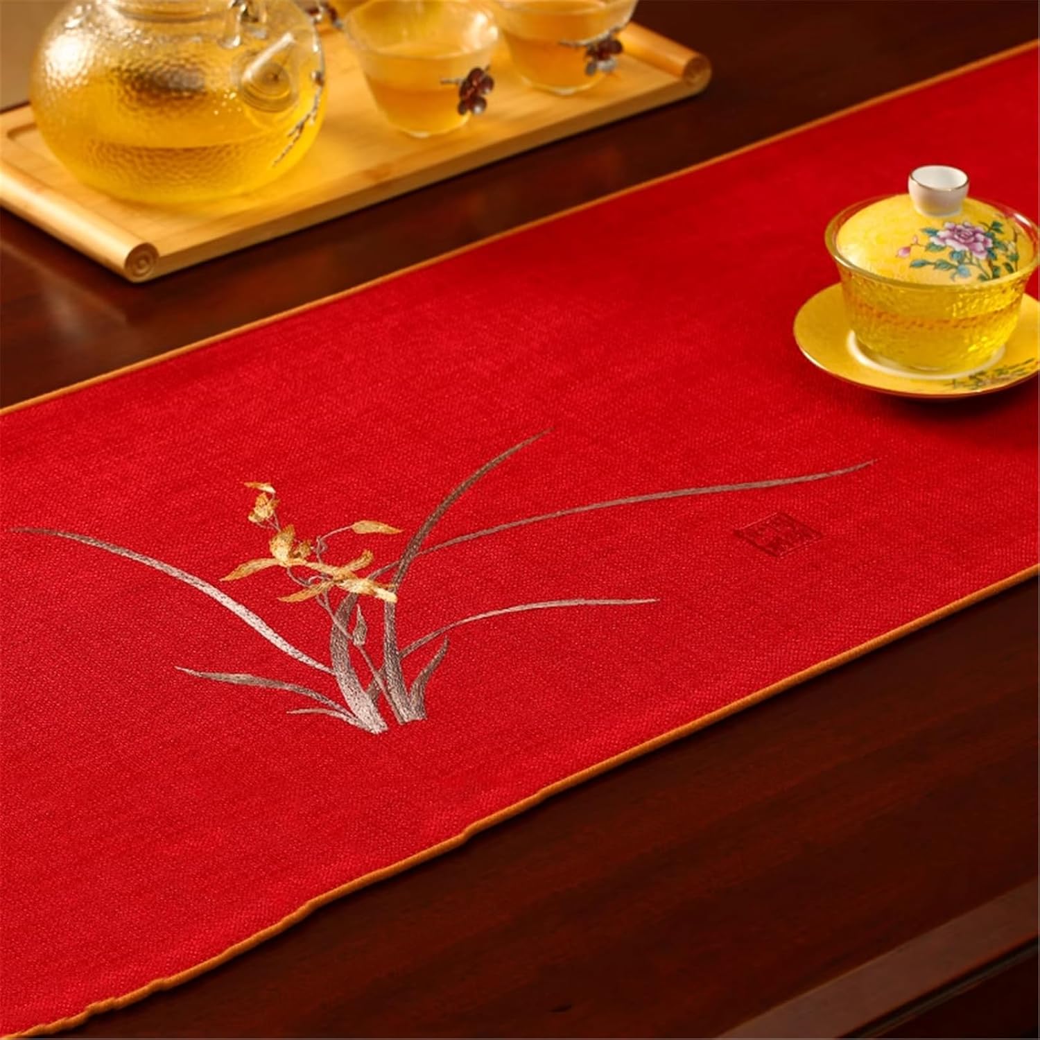 Tea Table Mat Tablecloth, Chinese Style, Tea Set, Water-Resistant, Anti-slip-style5-35 * 240cm