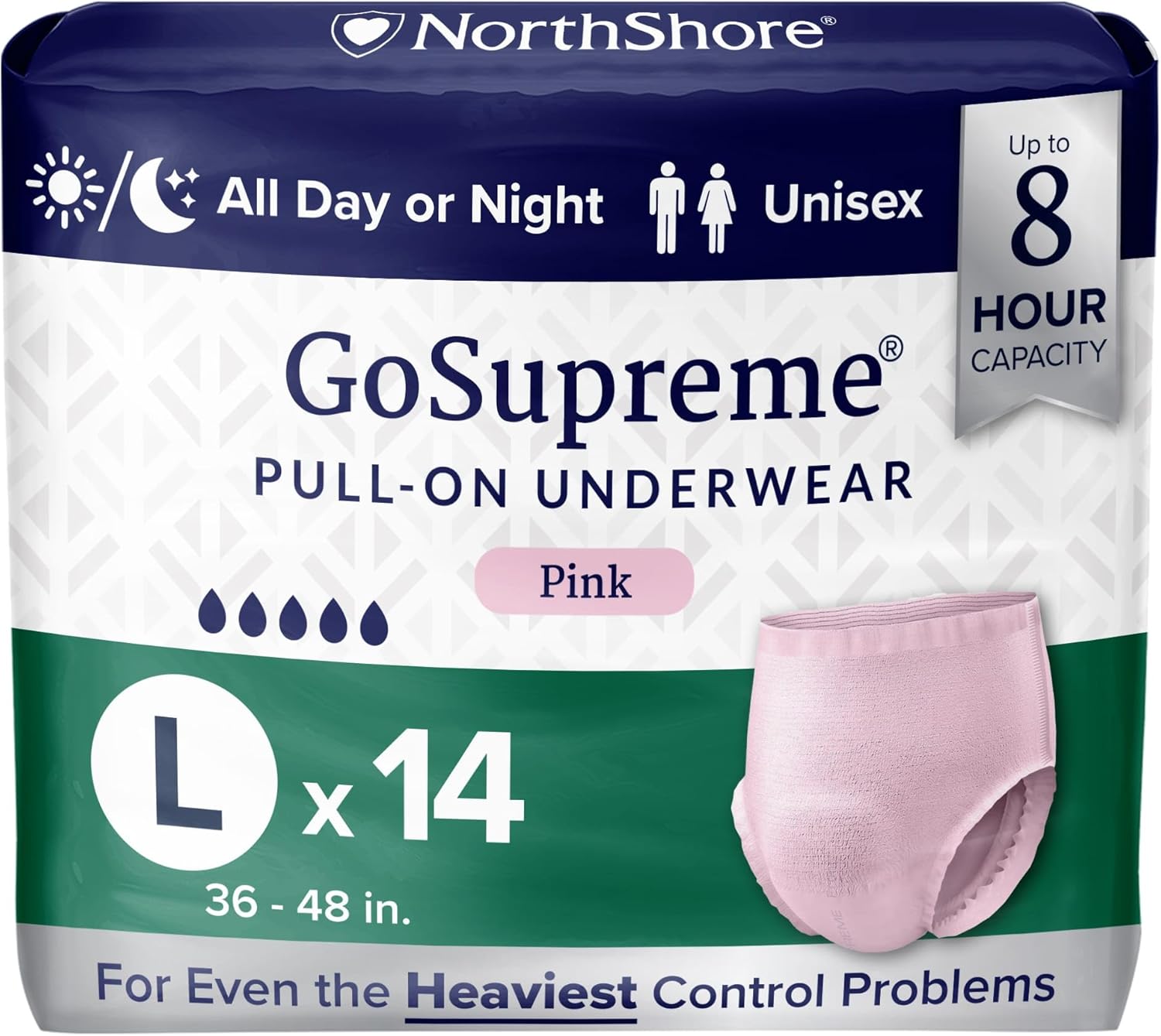 NorthShore GoSupreme Overnight Pull-On Underwear, 8-Hour Leak Protection, Large, 14-Count Bag, Pink, (36-48 in Waist), Unisex Adult Diapers
