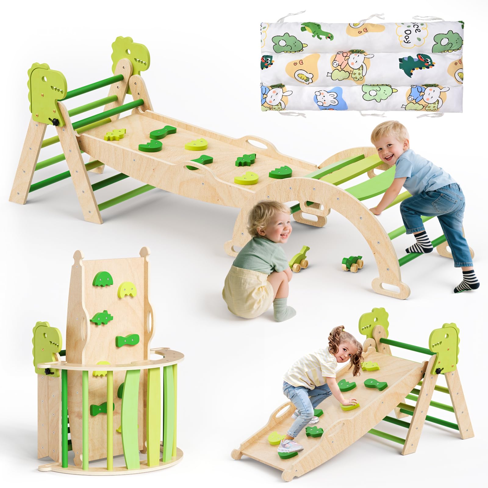 Giocattoli da arrampicata 7 in 1 per bambini,scale da arrampicata in legno,struttura da arrampicata pieghevole con scivolo,set da gioco da interno Montessori per bambini da1 a 3 anni (verde)