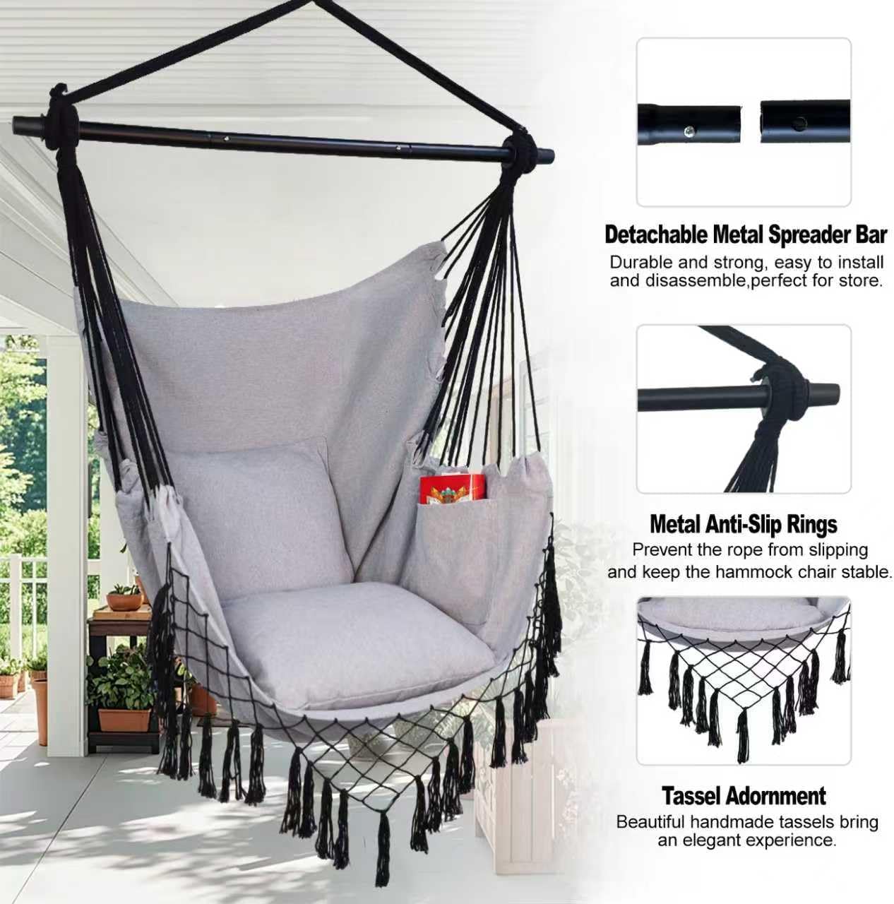 Hammock Chair Hanging Rope Swing Chair,Max 450 Lbs, Large Hanging Chair with Pocket, 2 Cushions, Removable Steel Bar, Hardware Kit Included, Superior Comfort for Indoor Outdoor (Light Grey)