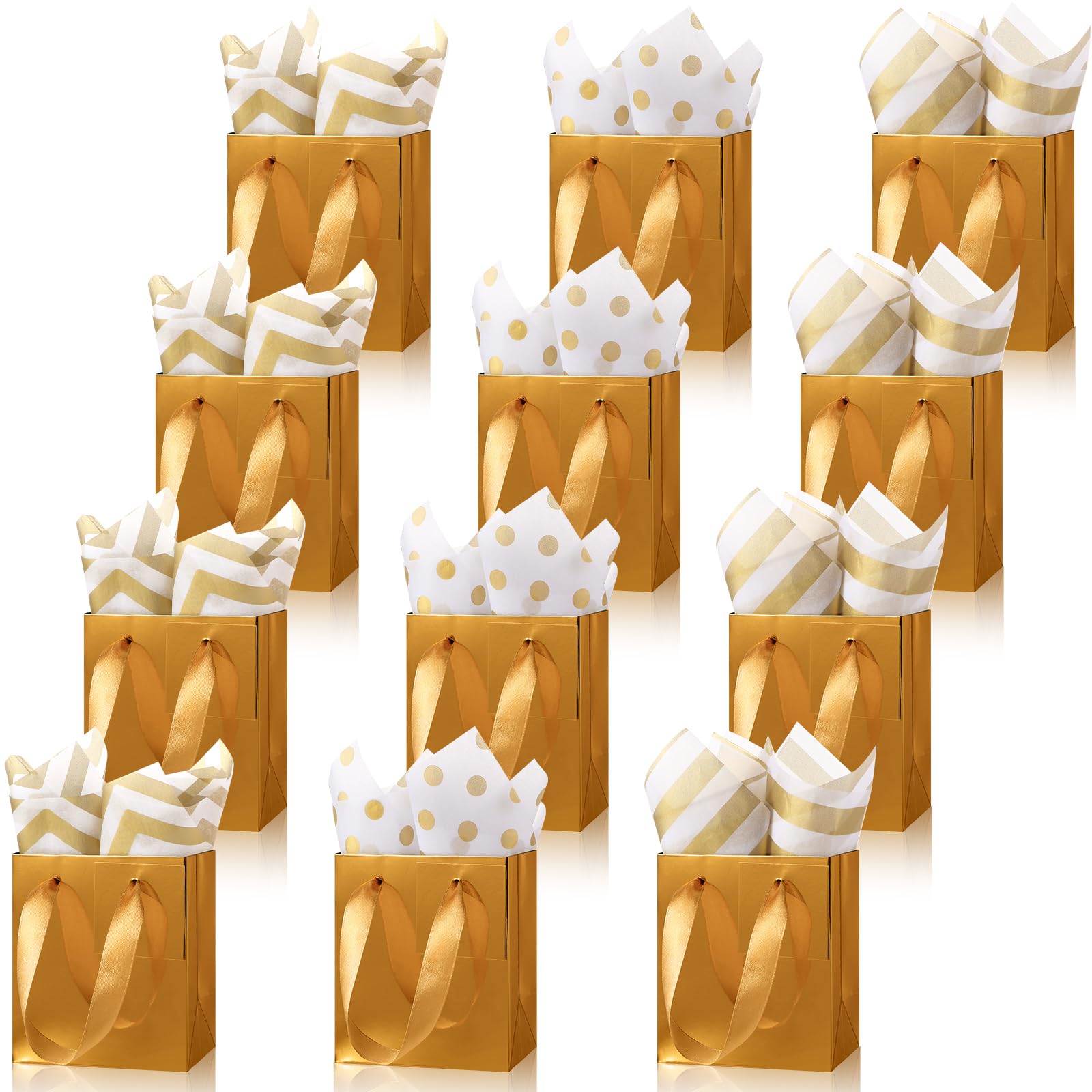 12 Pcs Small Gift Bags Mini Metallic Paper Bags with Handle Tag and Tissue, Wrap Bag for Birthday Wedding Christmas Holiday Baby Shower (Gold,4 x 2.75 x 4.5 Inch)