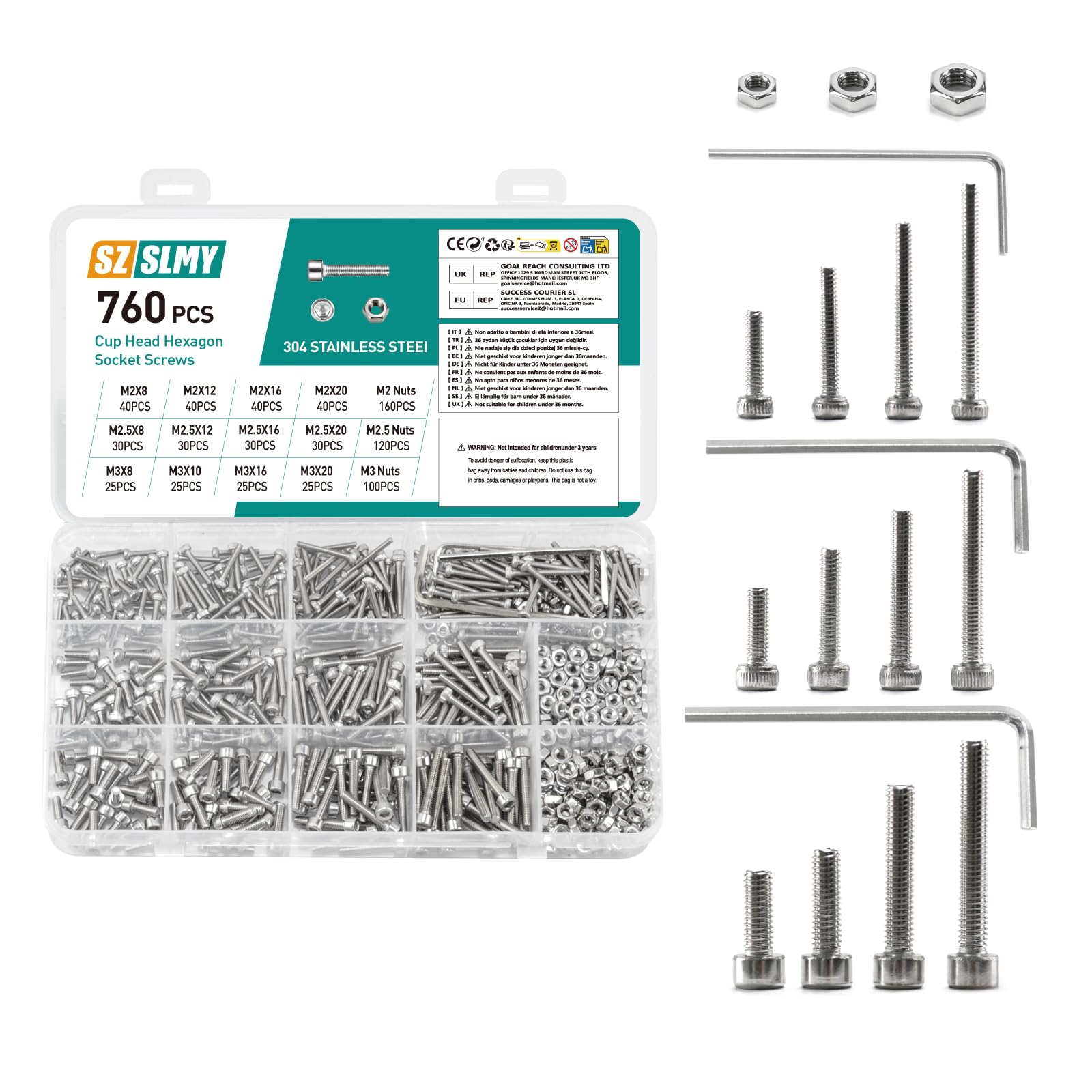 760 pieces M2M2.5M3 silver stainless steel cylindrical hexagon bolt nut set