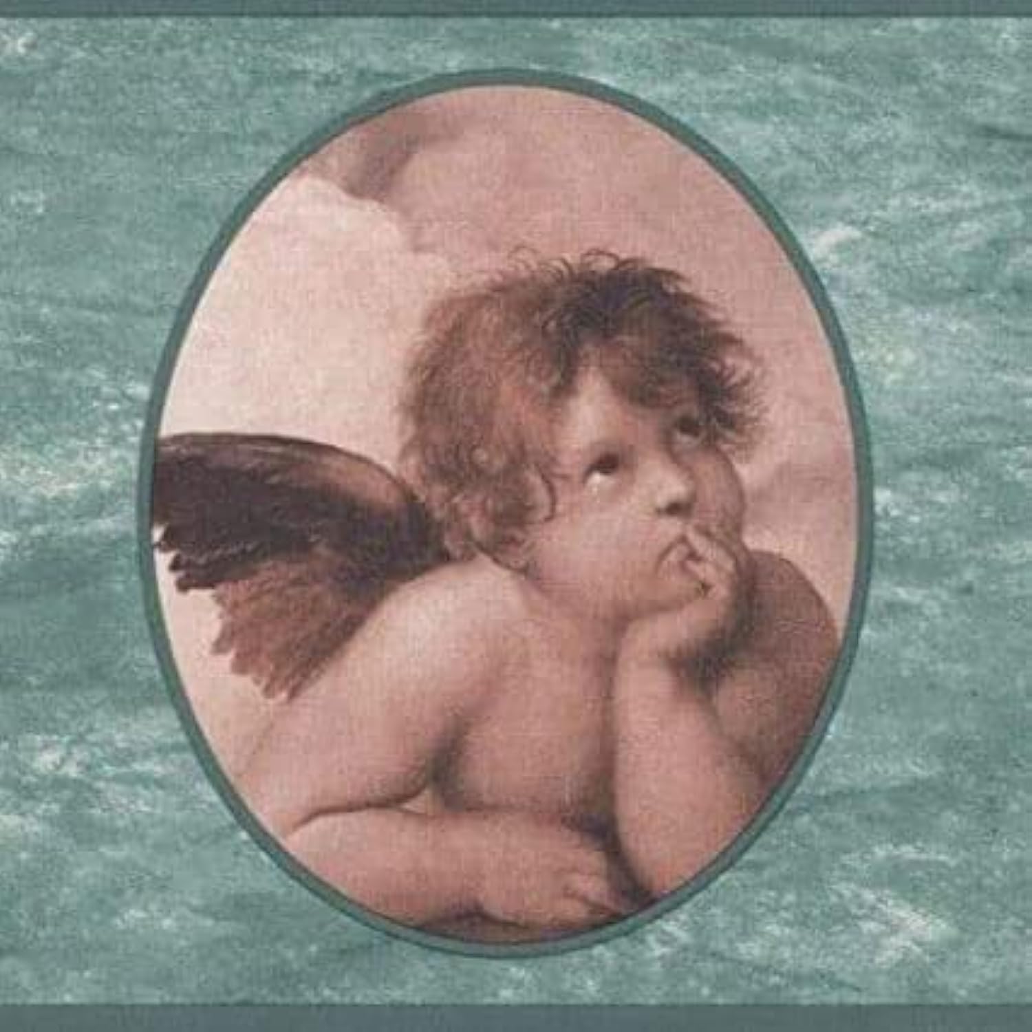 CONCORD WALLCOVERINGS ™ Baroque Wallpaper Border Pattern Baroque Angels Thinking for Boy Nursery Room Daycare Playroom, Turquoise White Beige, 6.75