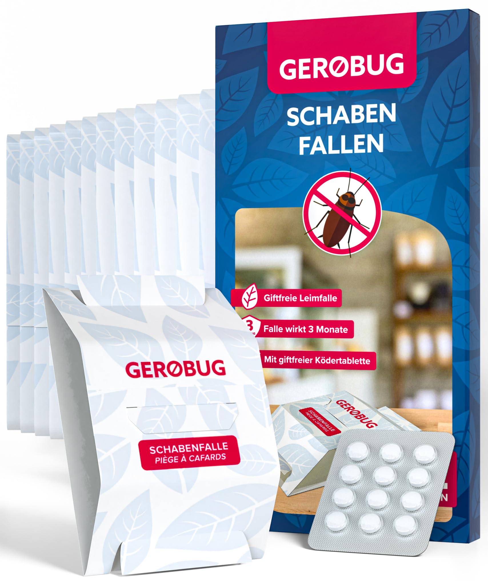 GEROBUG Profesjonalna pułapka na karaluchy 12 szt. wraz z tabletkami z przynętą do wykrywania karaluchów we wszystkich pomieszczeniach mieszkalnych - w zestawie ebook ze wskazówkami dotyczącymi zwalcz