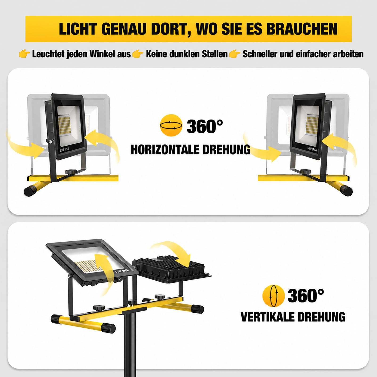 Reflektor budowlany LED 2 x 50 W, lampa robocza LED z wtyczką
