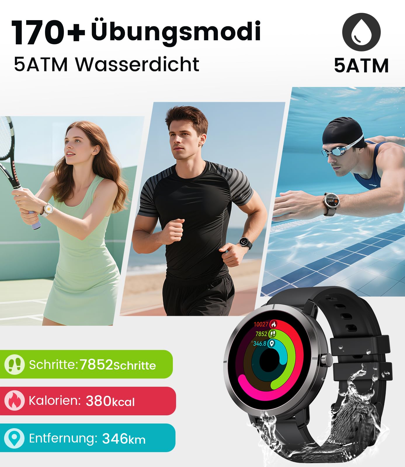 Smartwatch Herren Damen GPS,10 Tage Akku,1.35″ AMOLED,Aluminiumgehäuse,5ATM,Bluetooth Anruf/KI-Sprachassistent,170+ Sportmodi,Fitness Tracker mit Herzfrequenz,SpO2,Stress,Schlaf-Tracker,Schwarz