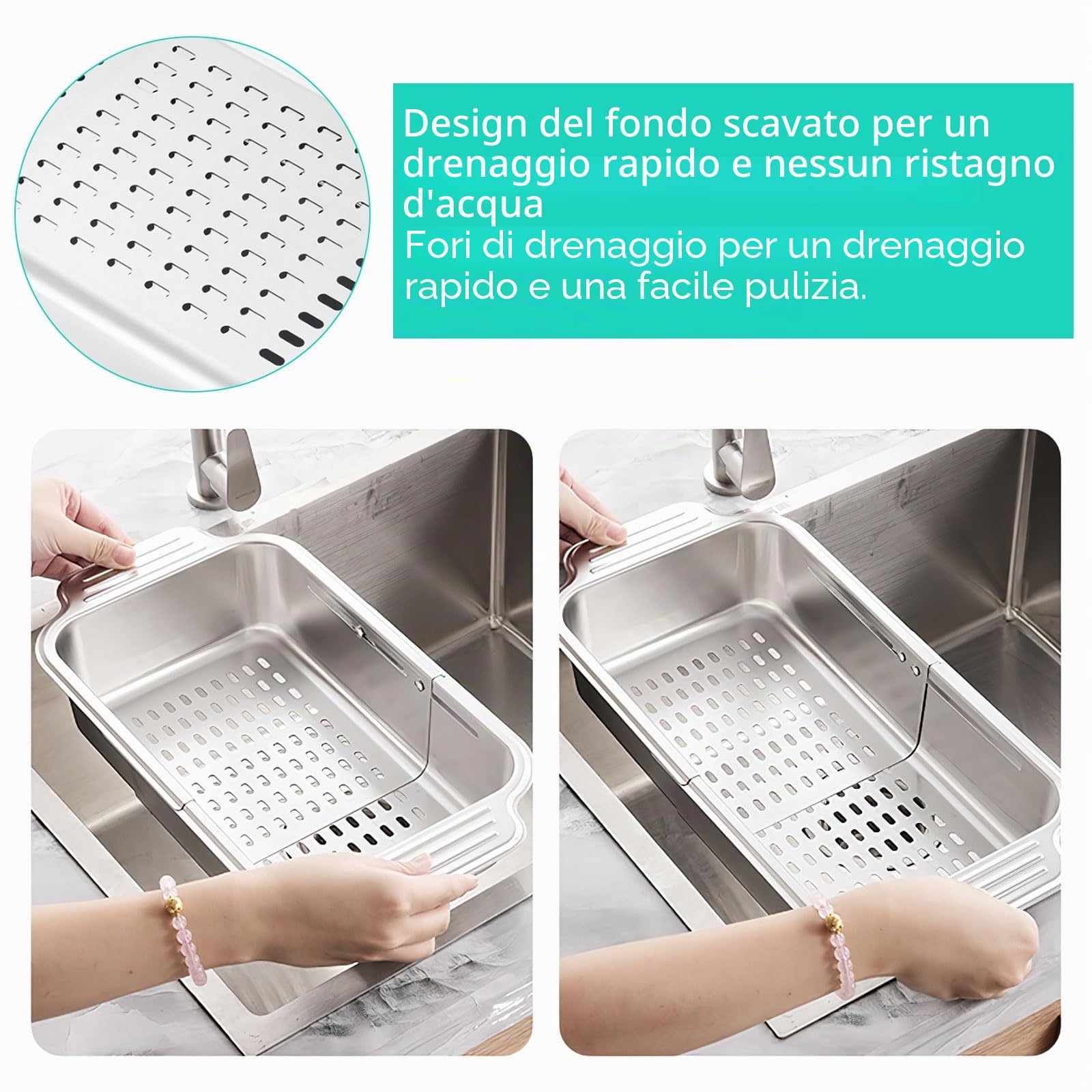 Scolapasta estensibile, sopra il lavandino Scolapasta rettangolare allungabile in acciaio inox 304 lavare frutta e verdura, scolare la pasta cotta e i piatti secchi