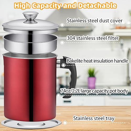 Miniatura 2 de Kaemi Recipiente de grasa de tocino de 2.2 L  74 onzas con colador, atrapador de aceite rojo para almacenamiento de aceite para cocina con tapa y