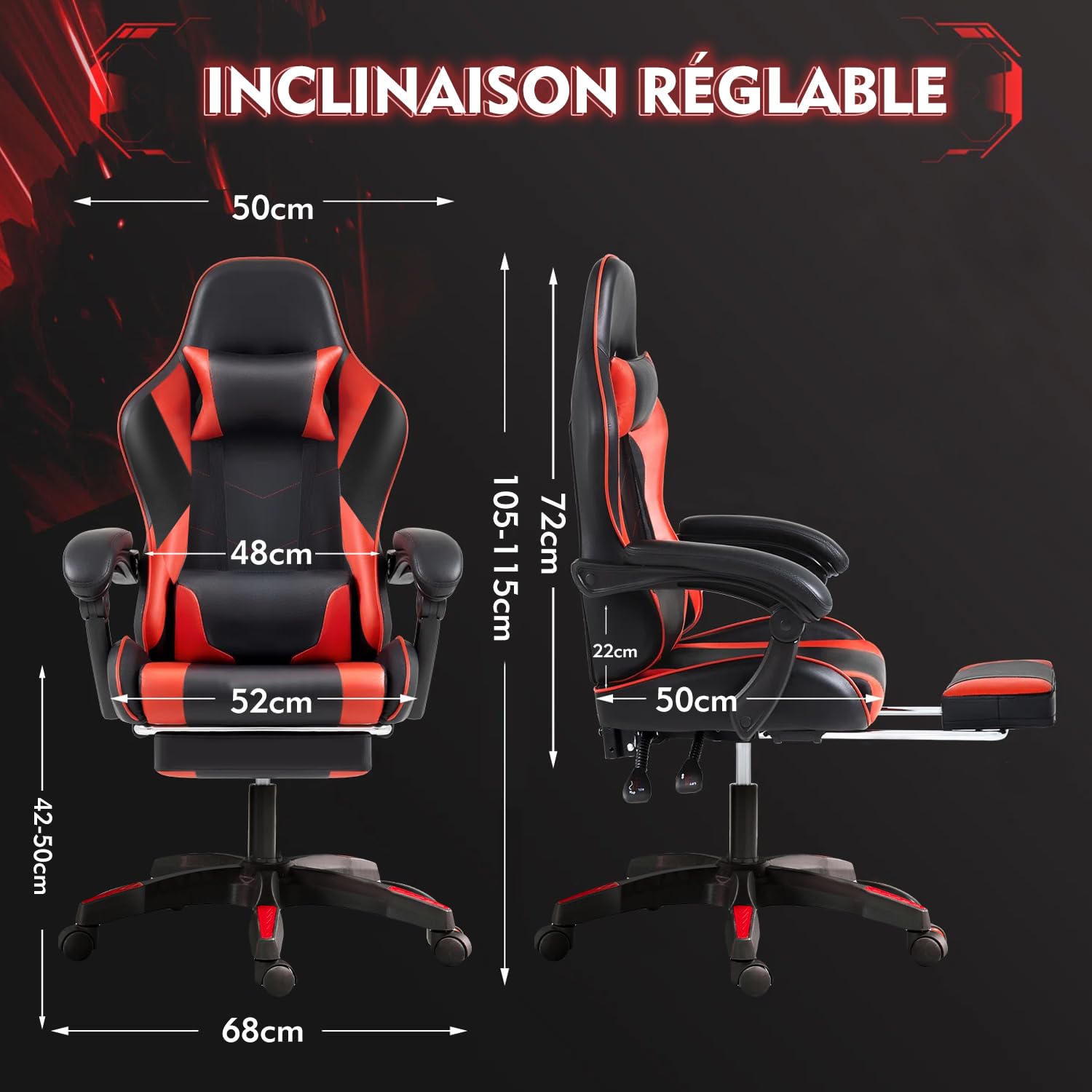 Frixovel Chaise Gaming, Siège de Bureau réglable, Fauteuil Gaming avec Repose-Pieds télescopique (Noir et Rouge)