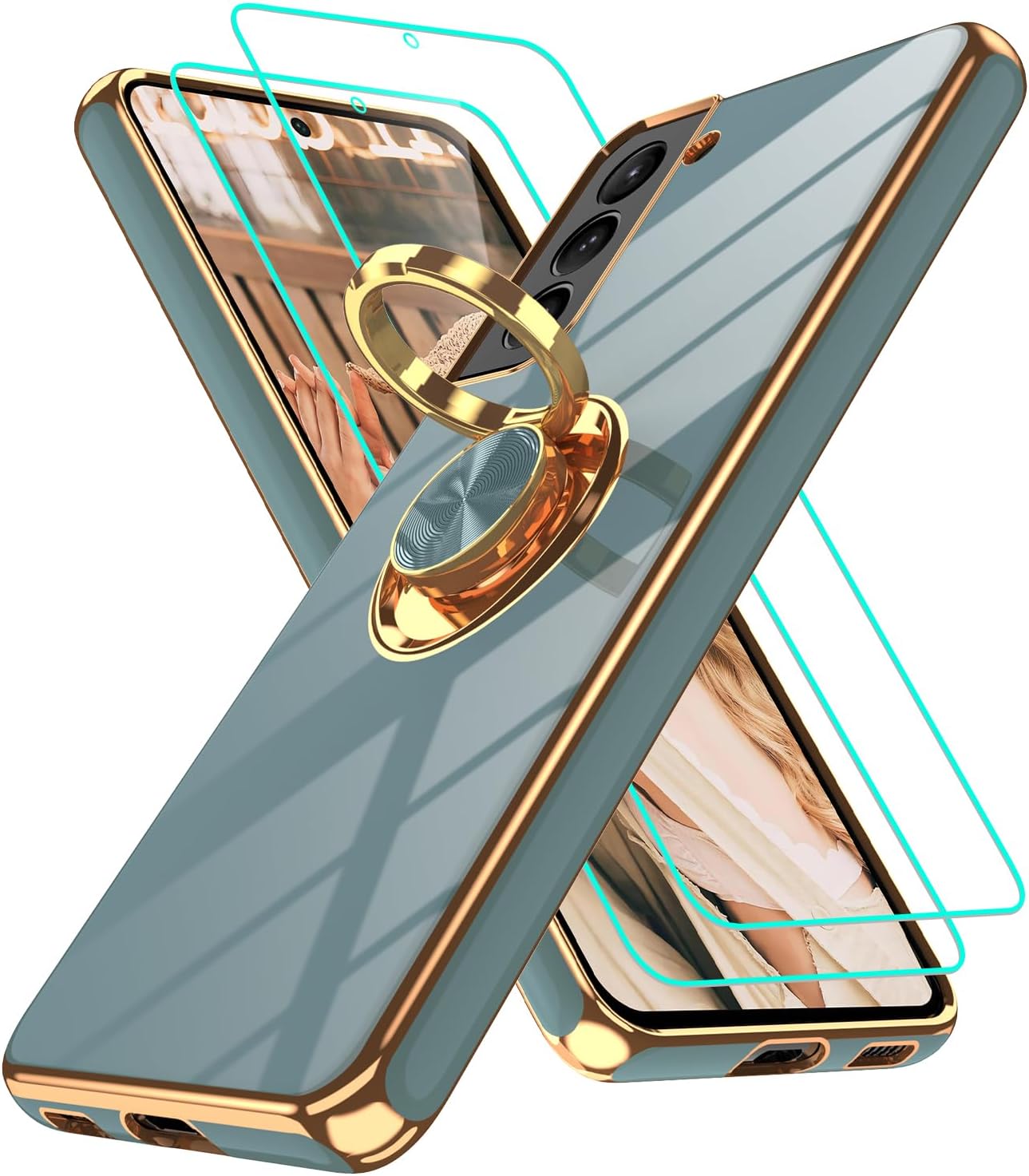 Gritup Slim Fit Case for Samsung Galaxy S21,Shockproof Soft Cover with 2 Pcs HD Screen Protectors,and Built-in Ring Kickstand Phone Cover,S21-Gray