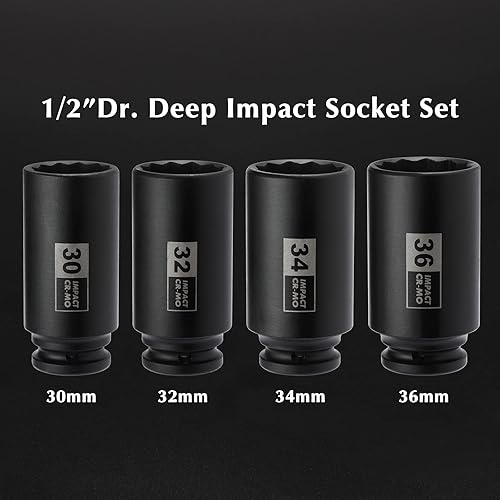 Miniatura 2 de EMENTOL 4 piezas de 12 pulgada de juego de llaves de impacto profundo, CR-MO, 12 puntos, métrico, juego de llaves de impacto profundo de eje de