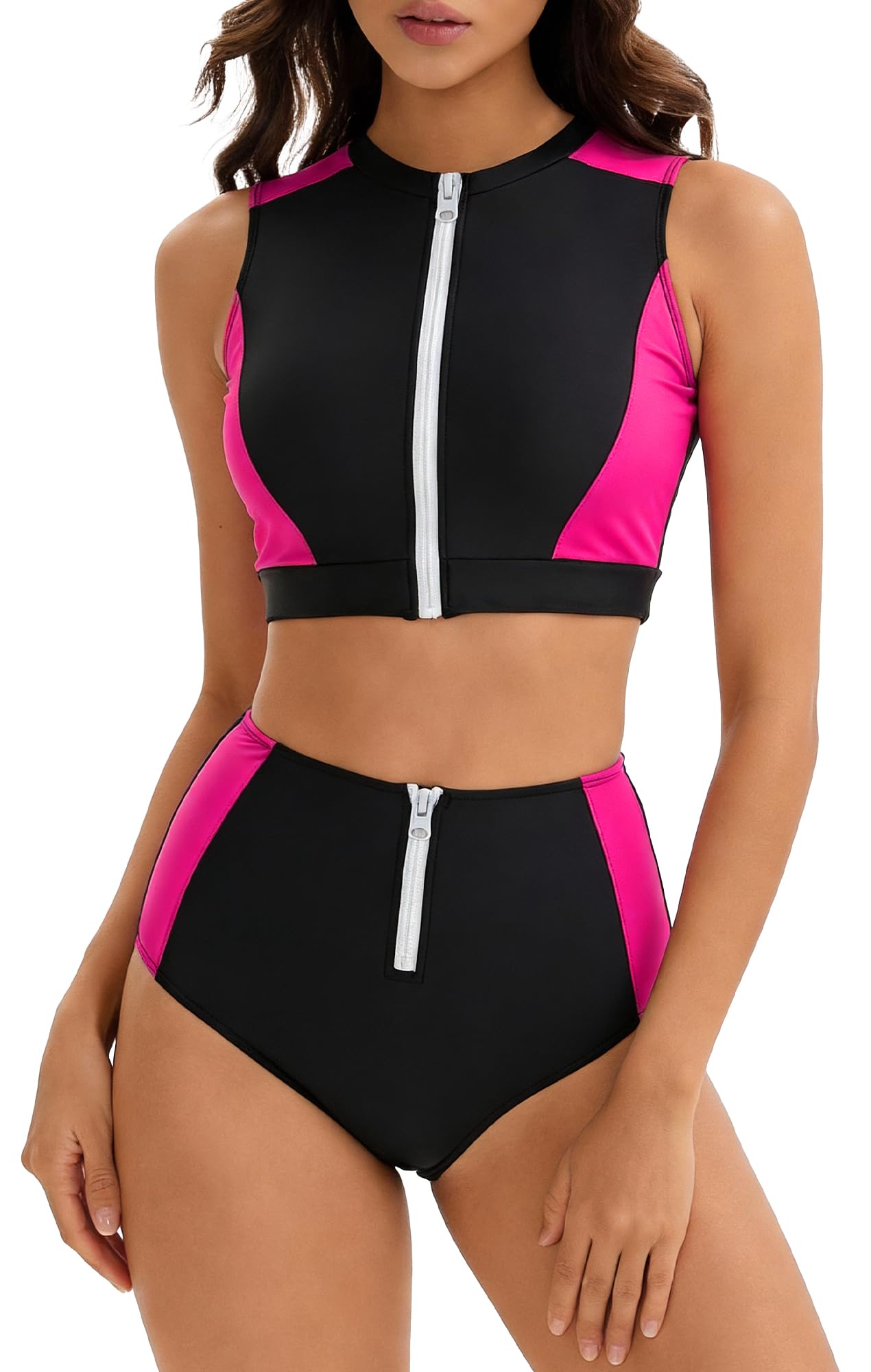 FEOYA Femme Maillots de Bain 2 Pièces Rashguard avec Fermeture Éclair Combinaison de Surf avec Soutien-Gorge