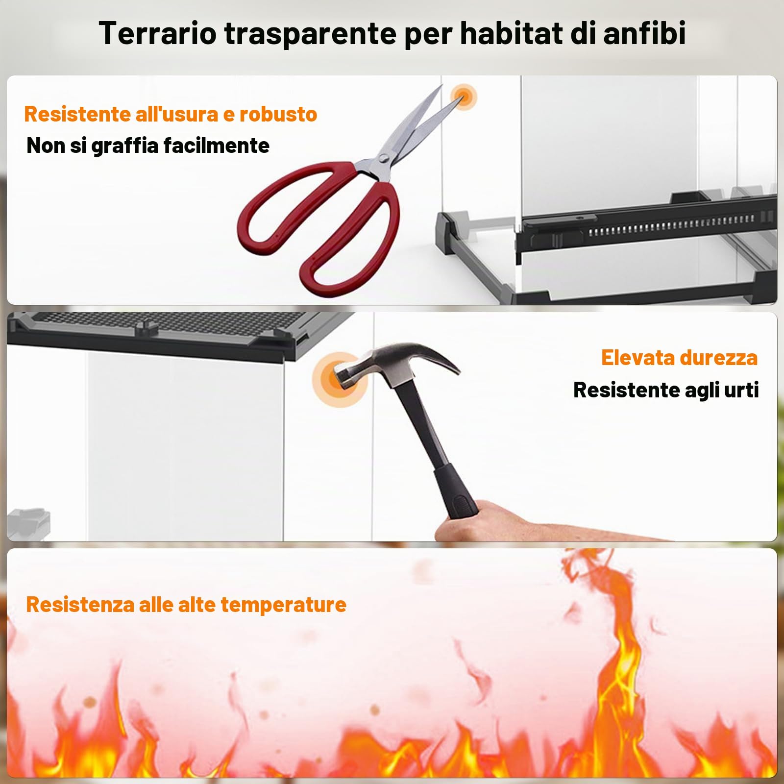 Rettile Errarium - Scatola di alimentazione per rettili, con ventilazione frontale, terrario in vetro con chiusura a vite anti-rottura, contenitore multiuso per rettili, anfibi, nero, 20 x 20 x 30 cm