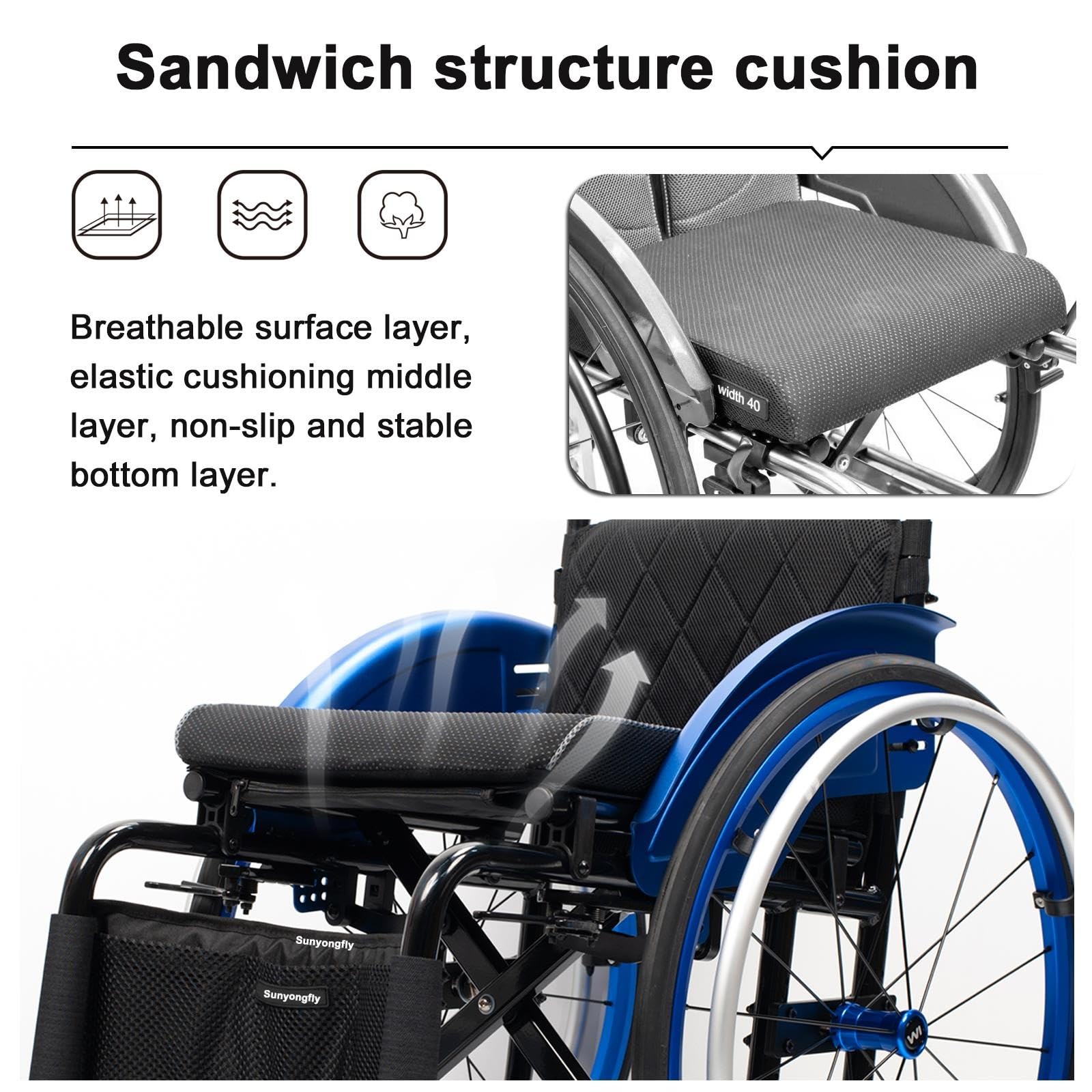 Sportowy wózek inwalidzki, lekki, rama ze stopu aluminium, składany, nośność 100 kg (niebieski, szerokość siedziska: 42 cm)