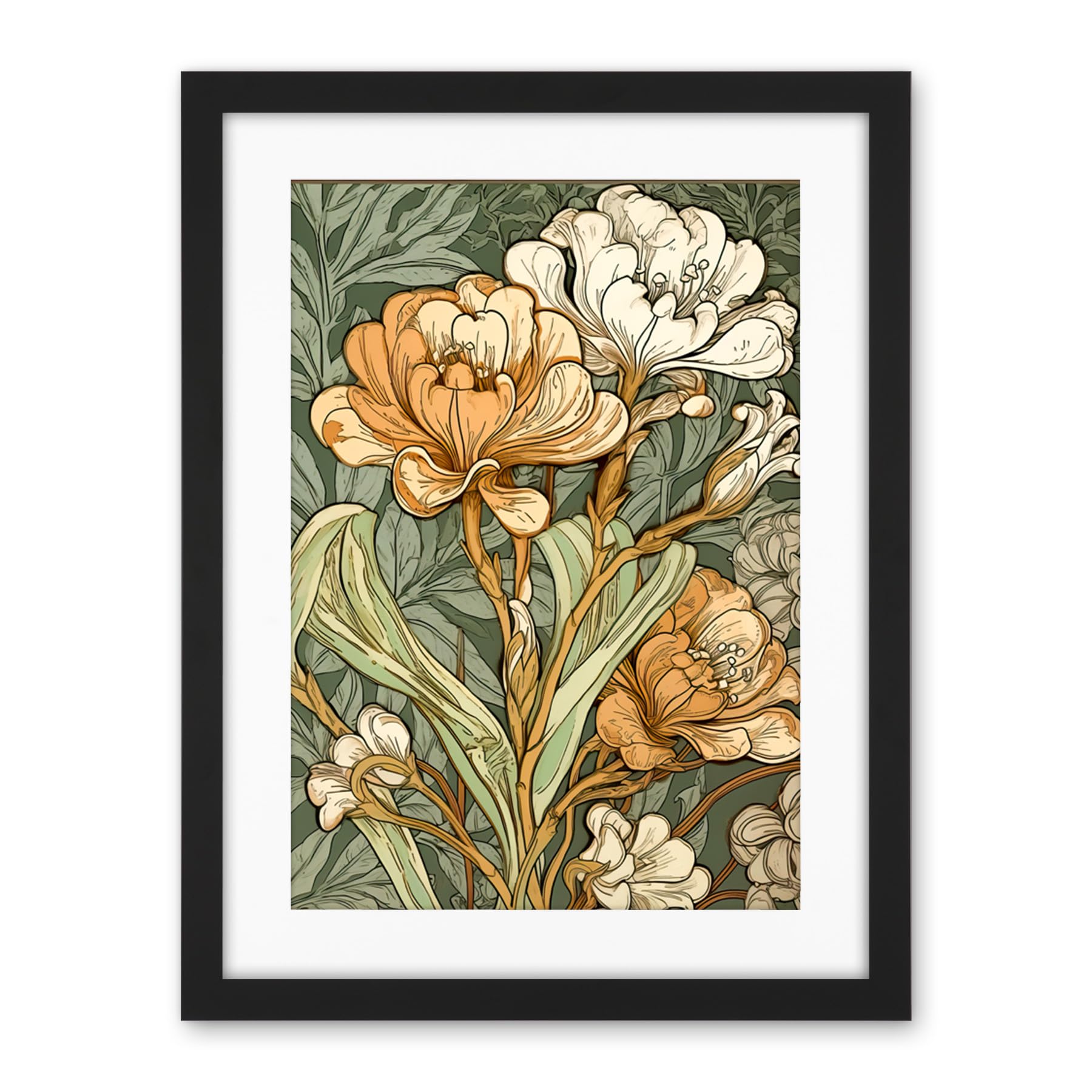 Artery8 White and Yellow Freesia Flower Blooms Watercolour Artwork Framed Wall Art Print 18X24 Inch