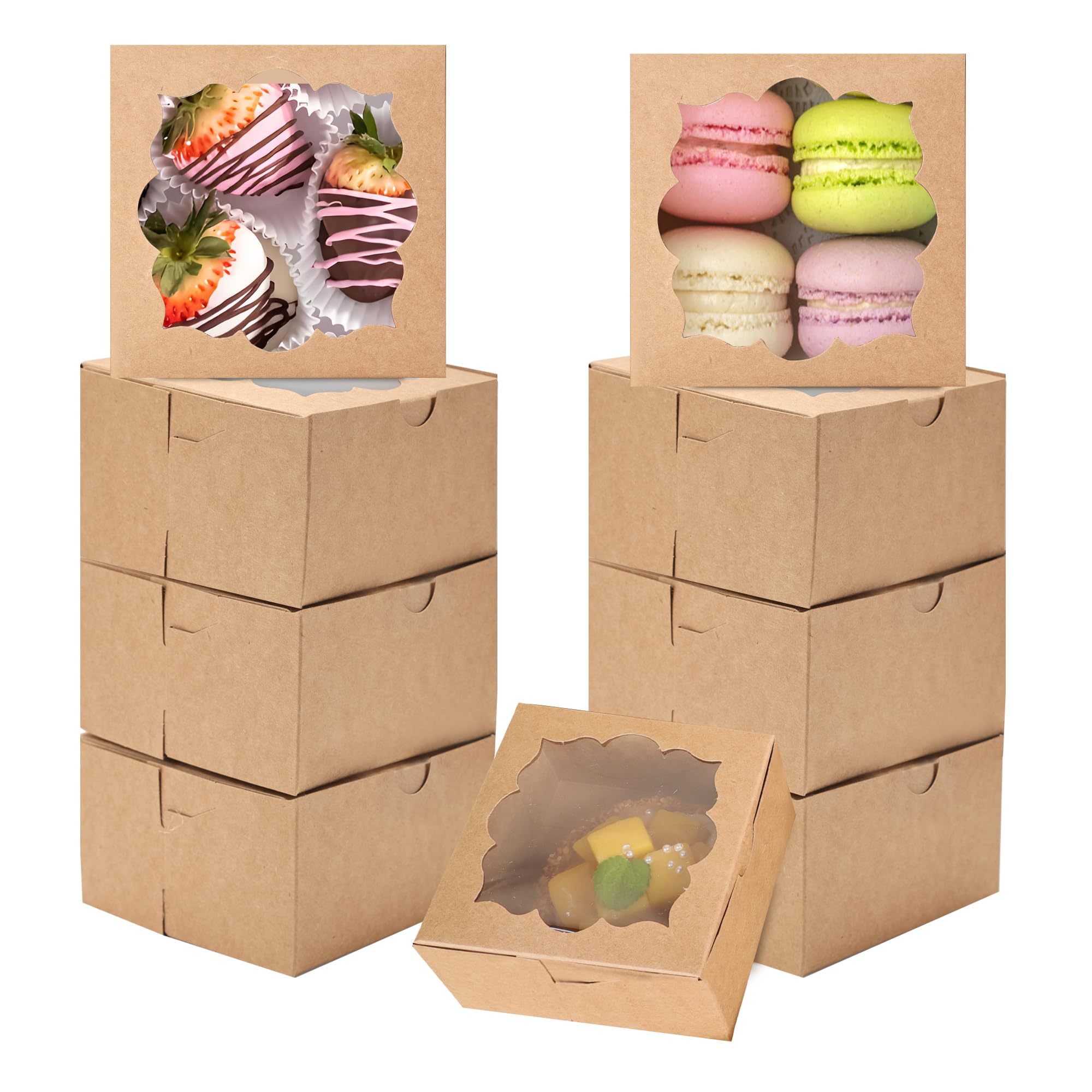NPLUX 50pcs Cookie Boxes with Window Bakery Boxes Small Treat Boxes Mini Pie Boxes Pastry Boxes 4x4x2.5in(Brown)