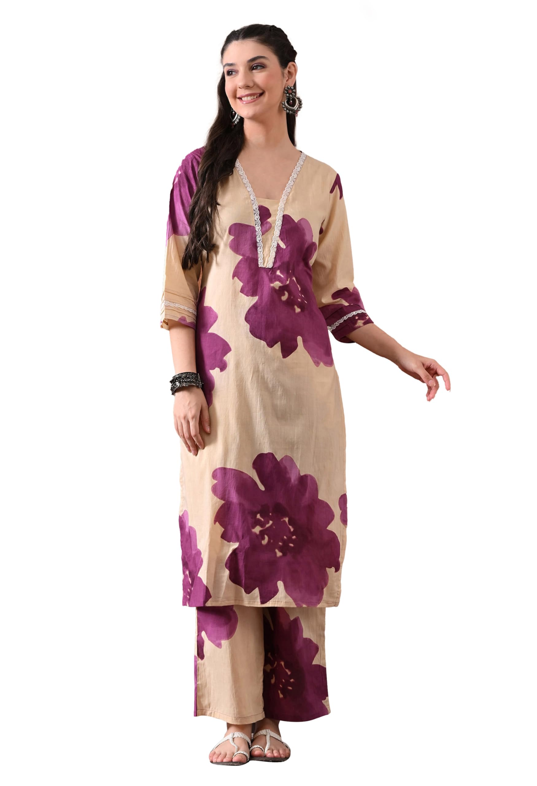 Women Ethnic Kurta and Pant Set |Floral Cotton Kurta for Casual & Office Wear | V-Neck 3/4 Sleeve Ethnic Wear-image-39