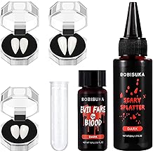 BOBISUKA Halloween Vampire Teeth Fake Blood Makeup Kit, Special Effects SFX Makeup Set 3 Pairs Vampire Fangs + 2Pcs Realistic Washable Fake Blood for Halloween, Vampire, Cosplay, Costume Party