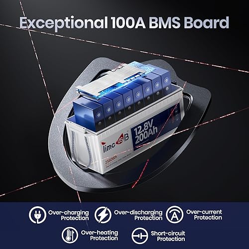 Miniatura 3 de Timeusb Batería de litio LiFePO4 de 12 V 200 Ah, baterías de litio recargables de ciclo profundo de 2560 Wh con BMS integrado de 100 A, ideal para