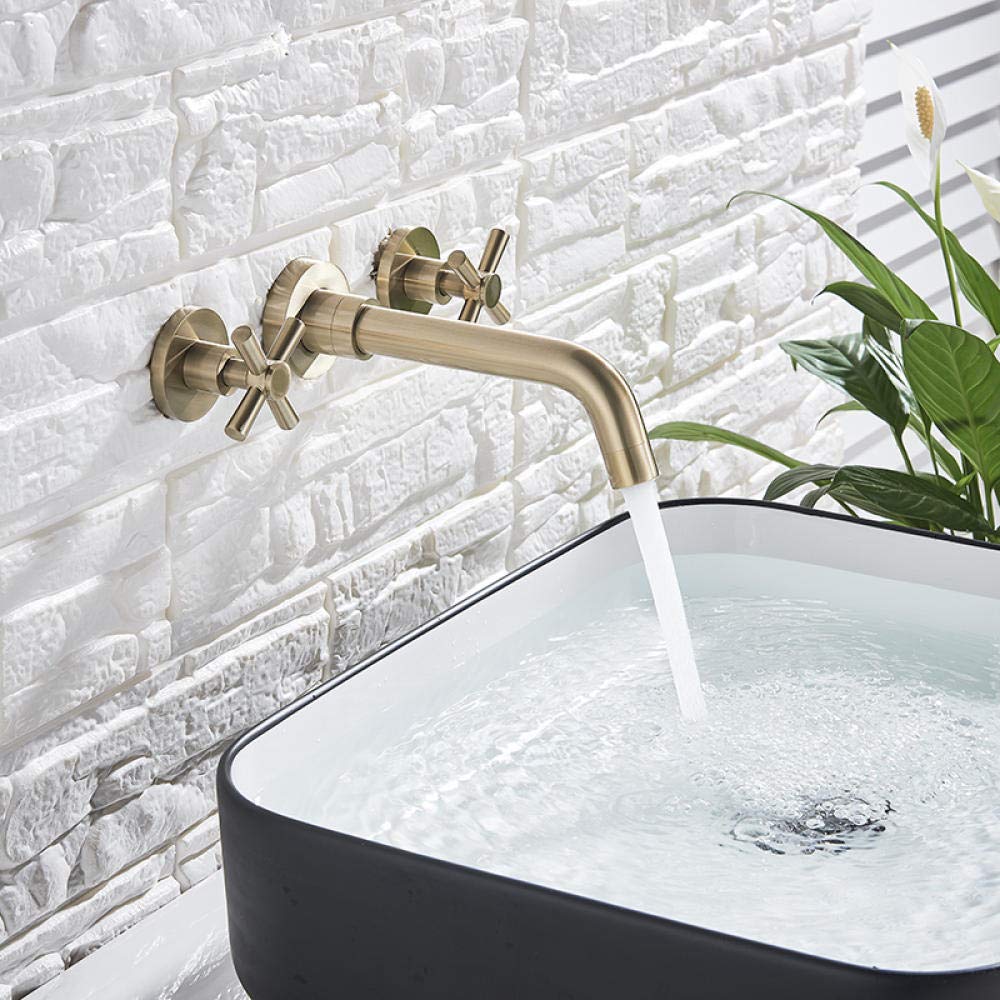 ASerZenith Brushed Gold Wall Mounted Bathroom Basin Faucet Double Handle Hot and Cold Mixer Tap
