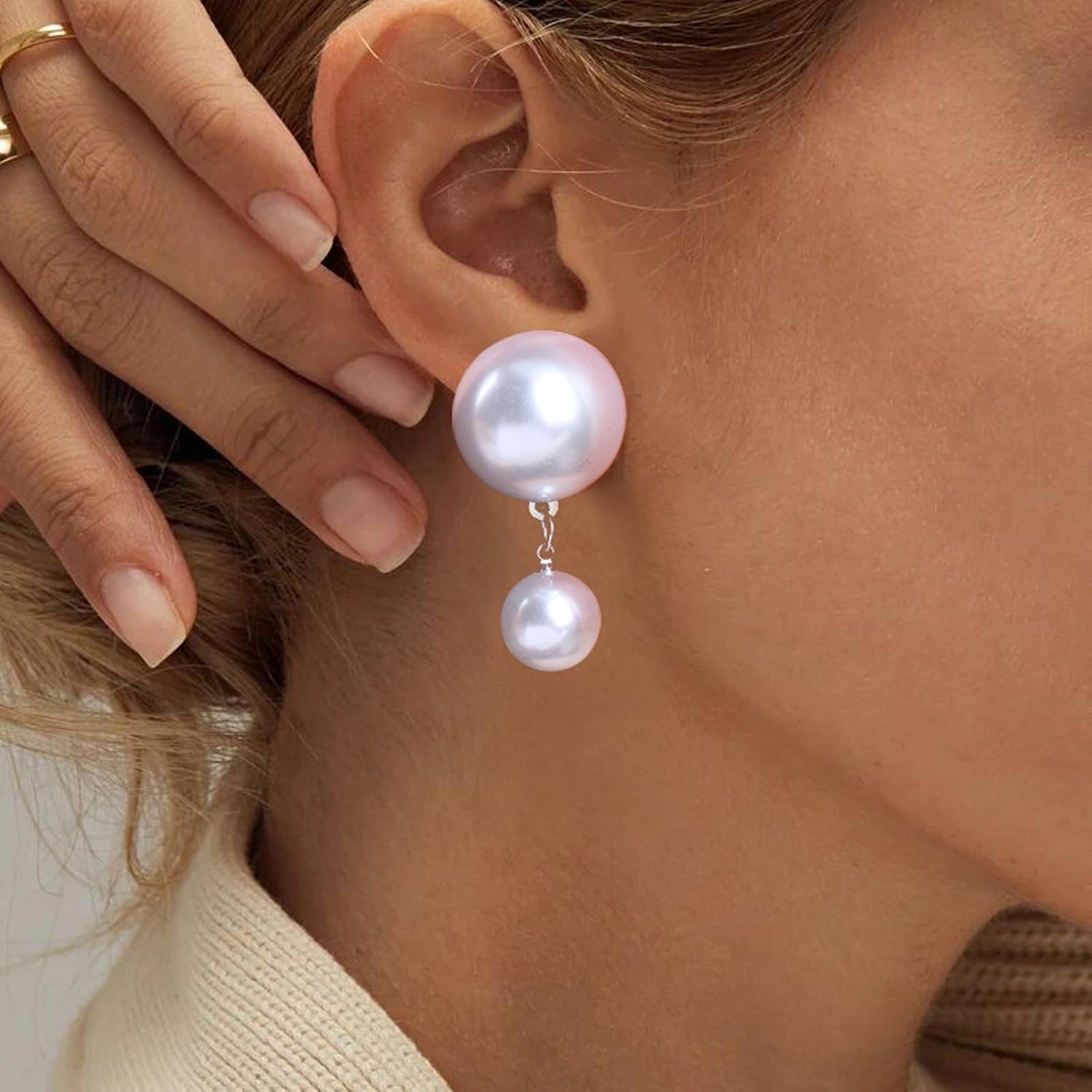 Vintage Double Pearl Stud Earrings Large Pearl Drop Earrings White Pearl Bridal Earrings Round Pearl Dangle Earrings Jewelry for Women - Image 2