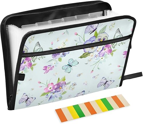 Carpetas de archivos expandibles de flores y mariposas, organizador de archivos de acordeón de 13 bolsillos con etiquetas adhesivas con cremallera,