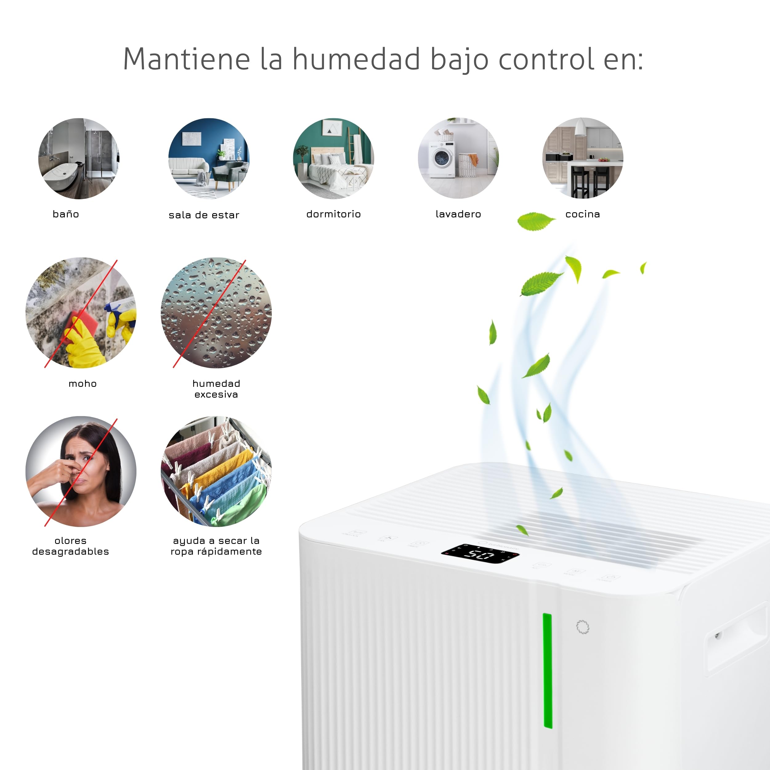 Deshumidificador Turbionaire LEVI 20 ION, 20 l/Dia, Purificación por Ionización, Hasta 35 m², Depósito 4.5L, Secado de Ropa, Indicador LED de Humedad, Temporizador, Antihumedad, Moho y Condensación