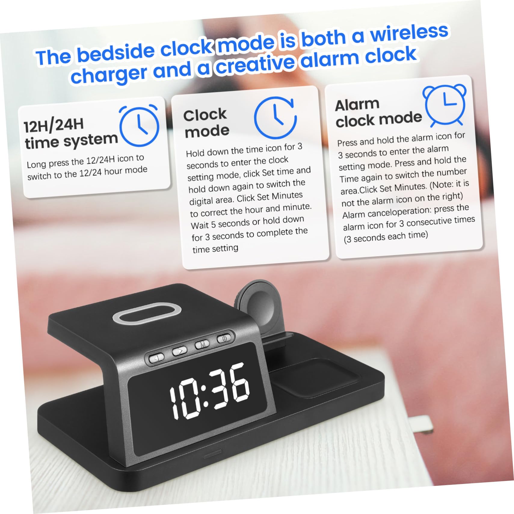 TEHAUX Station de Charge sans Fil avec Horloge Numérique LED Support de Charge Rapide pour Téléphone et Montres Connectées