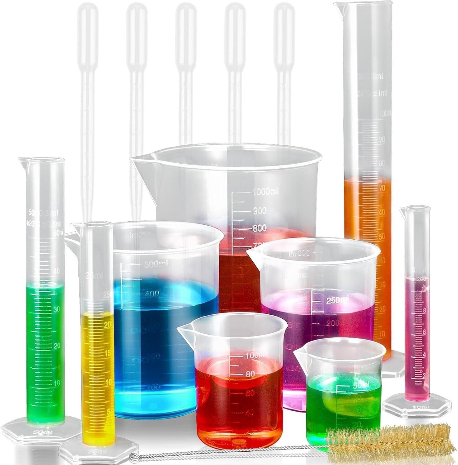 Messzylinder und Becher aus Kunststoff mit Pipetten und Bürste – 15-teiliges essentielles Laborgerät für genaue Messung