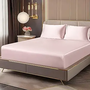 BEDELITE Satin Fitted Sheet and Pillowcase Set, Luxury Soft Similar to Silk Bottom Bedsheet with Elastic Corner Straps, Deep Pocket up to 15 Inch, 1 Fitted Sheet and 1 Pillowcase(Twin, Pink)